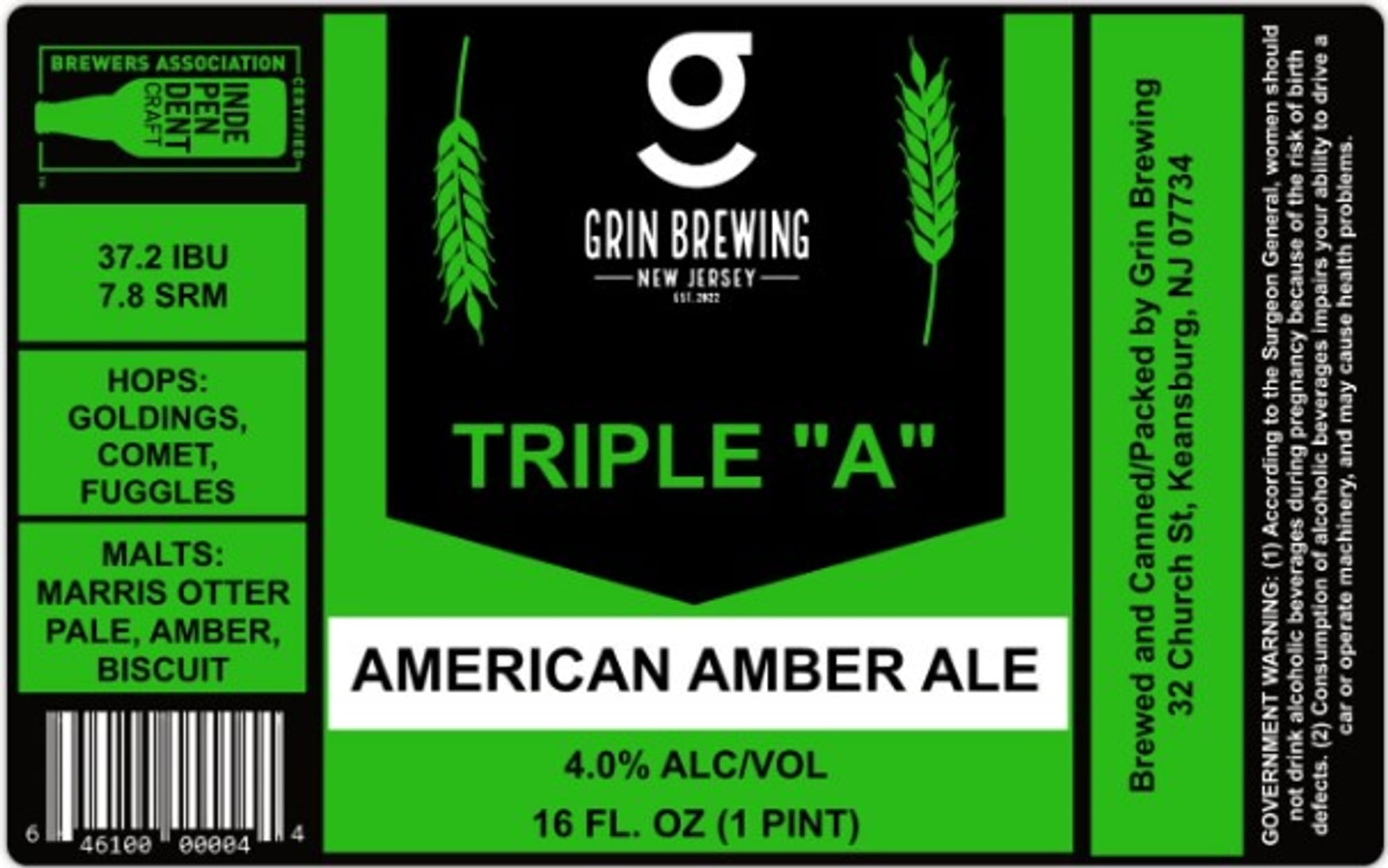 Triple “A” by Grin Brewing - beer label