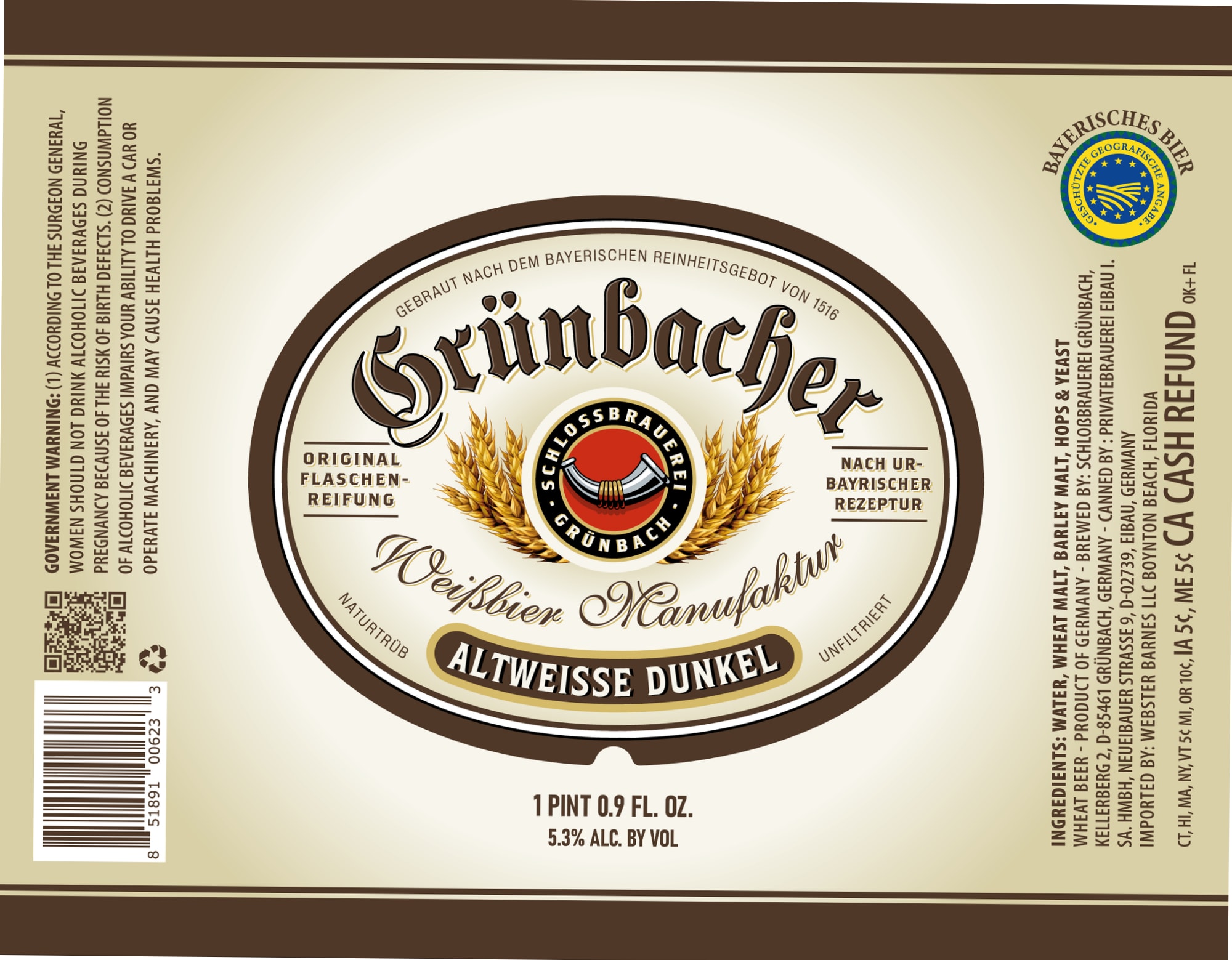 Grünbacher Altweisse Dunkel by Schlossbrauerei Grünbach - beer label