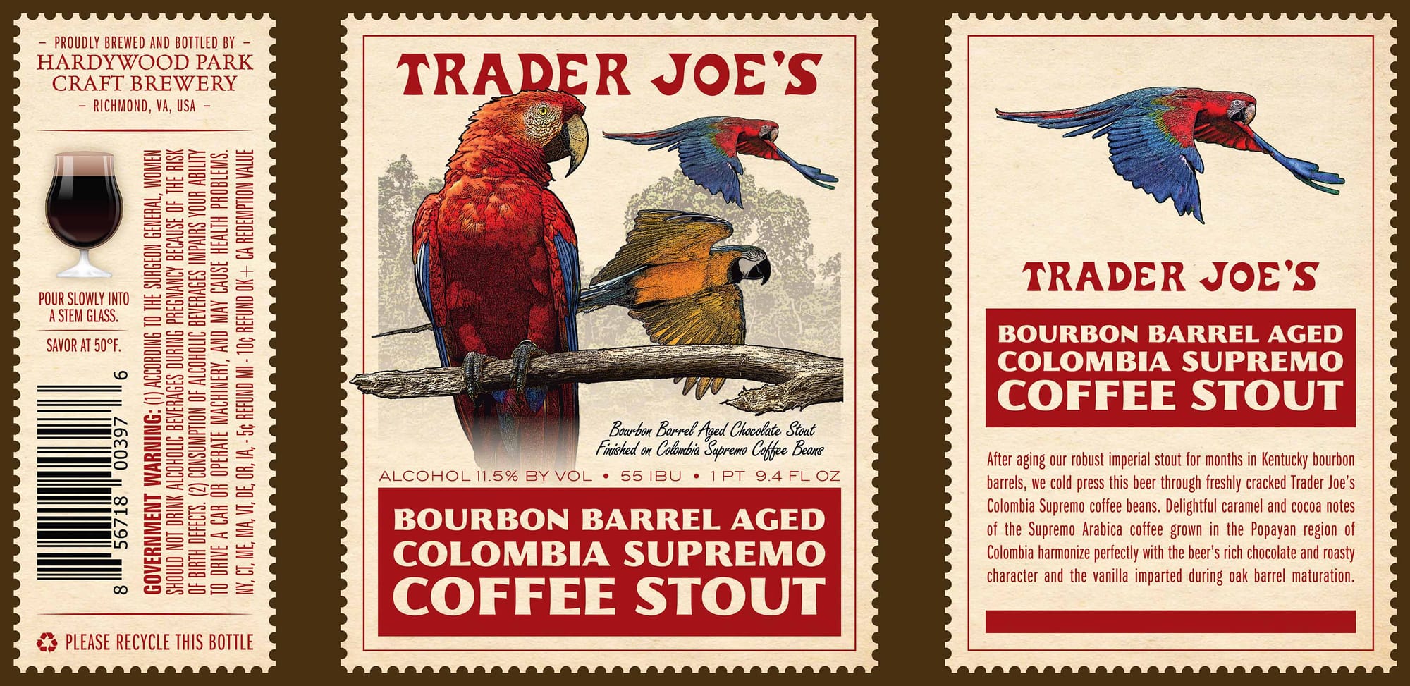 Trader Joe's Bourbon Barrel Aged Colombia Supremo Coffee Stout by Hardywood Park Craft Brewery - beer label