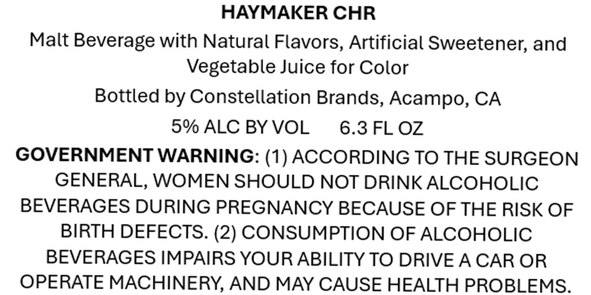 Haymaker CHR by Constellation Brands - beer label