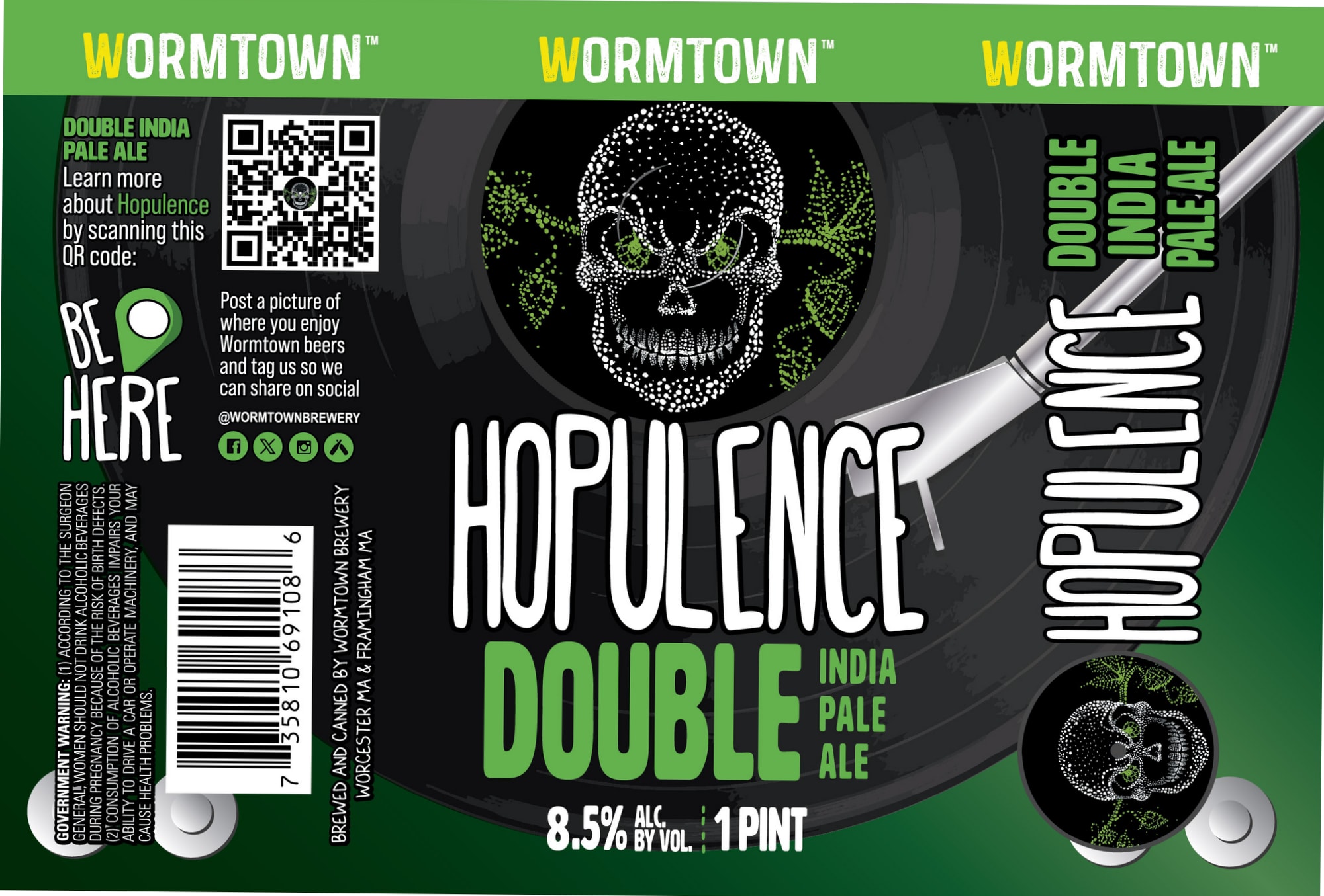 Hopulence Double India Pale Ale by Wormtown Brewery - beer label