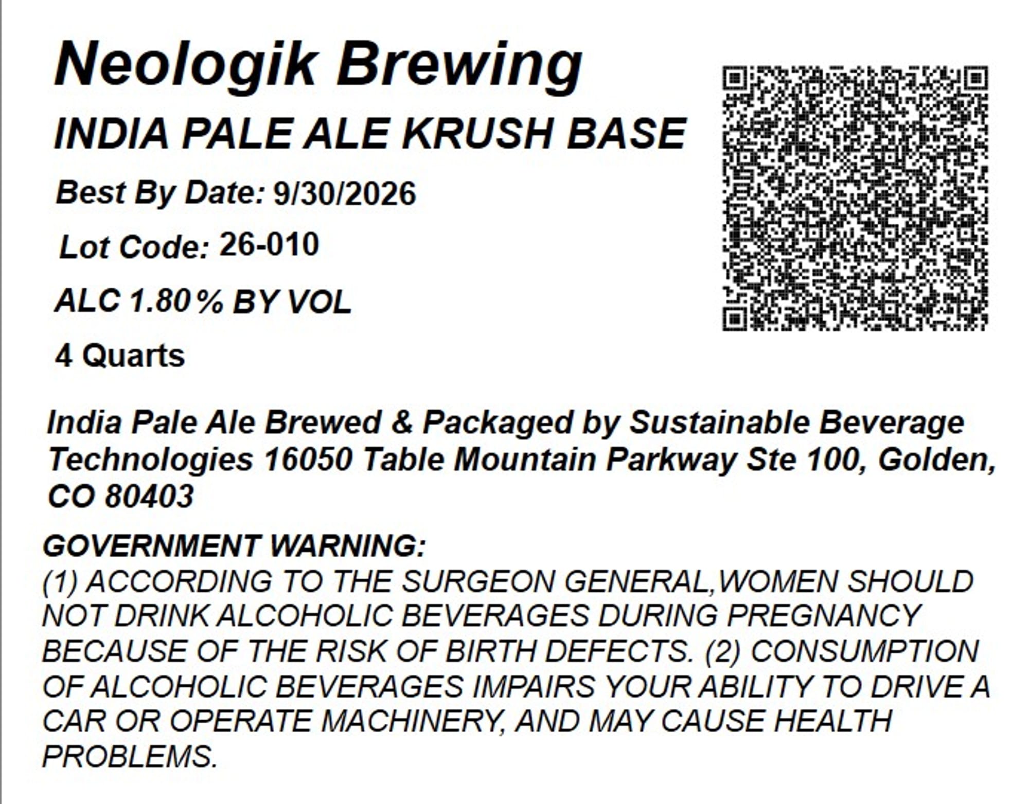 India Pale Ale Krush Base by Neologik Brewing - beer label
