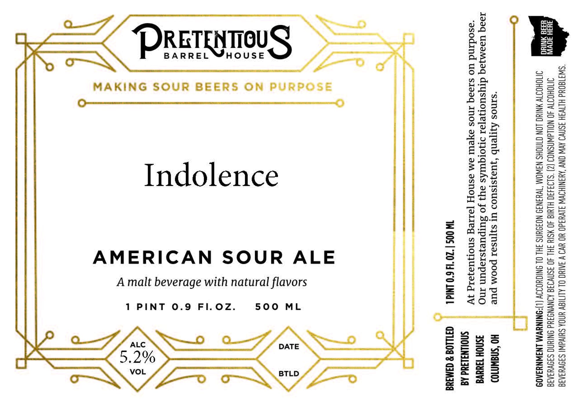 Indolence by Pretentious Barrel House - beer label
