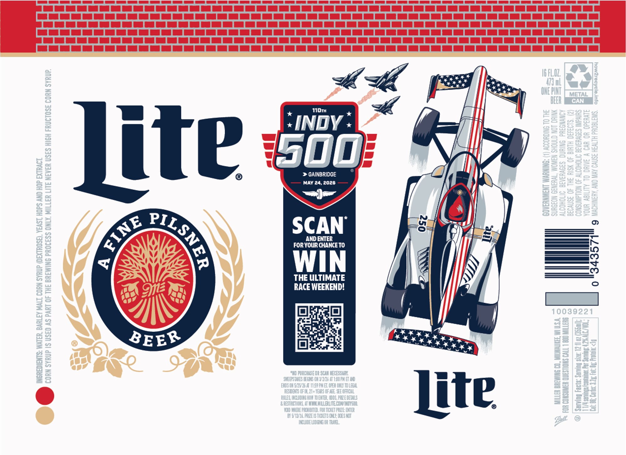 Indy 500 Lite by Miller Lite - beer label