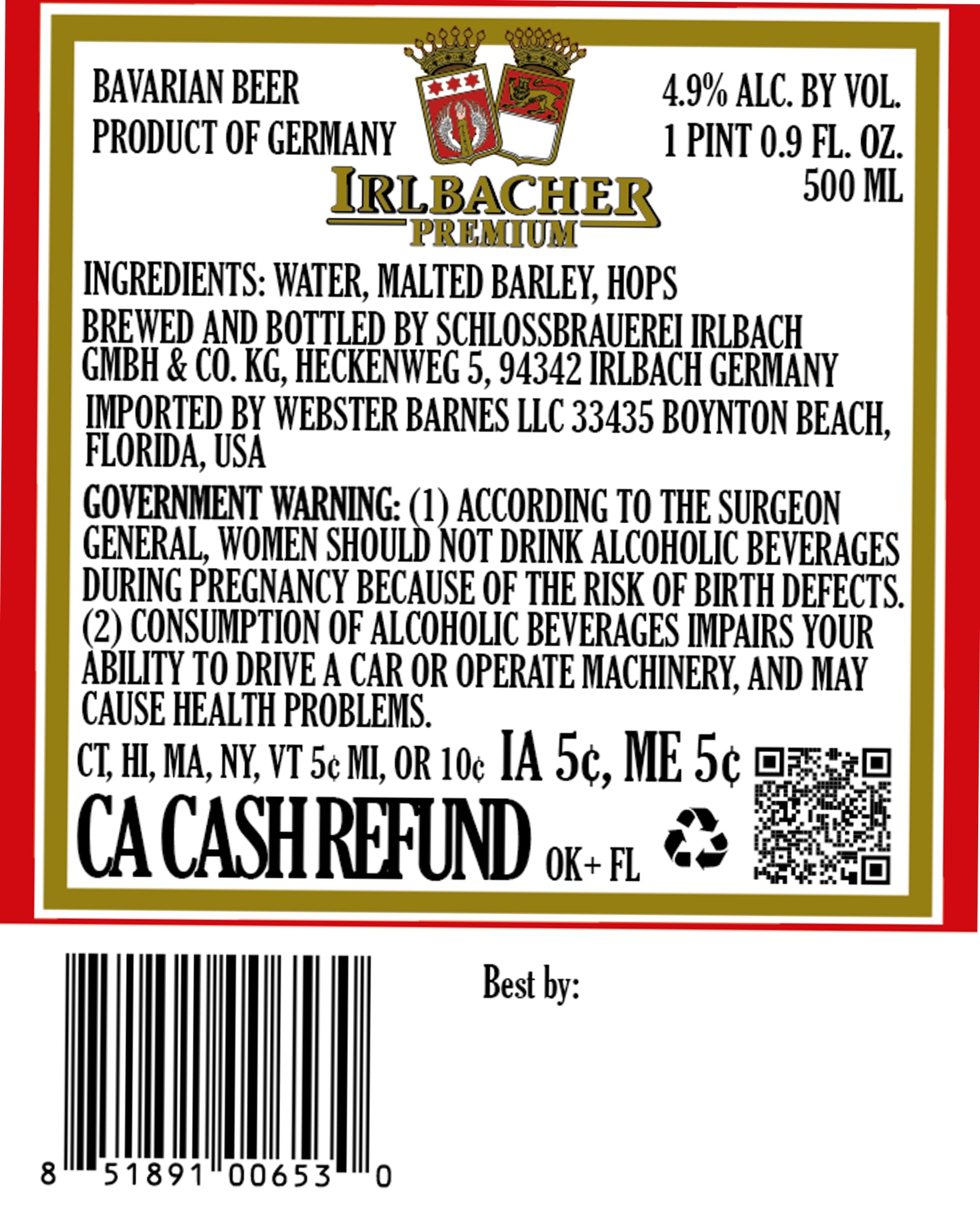 Irlbacher Premium by Schlossbrauerei Irlbach - beer label
