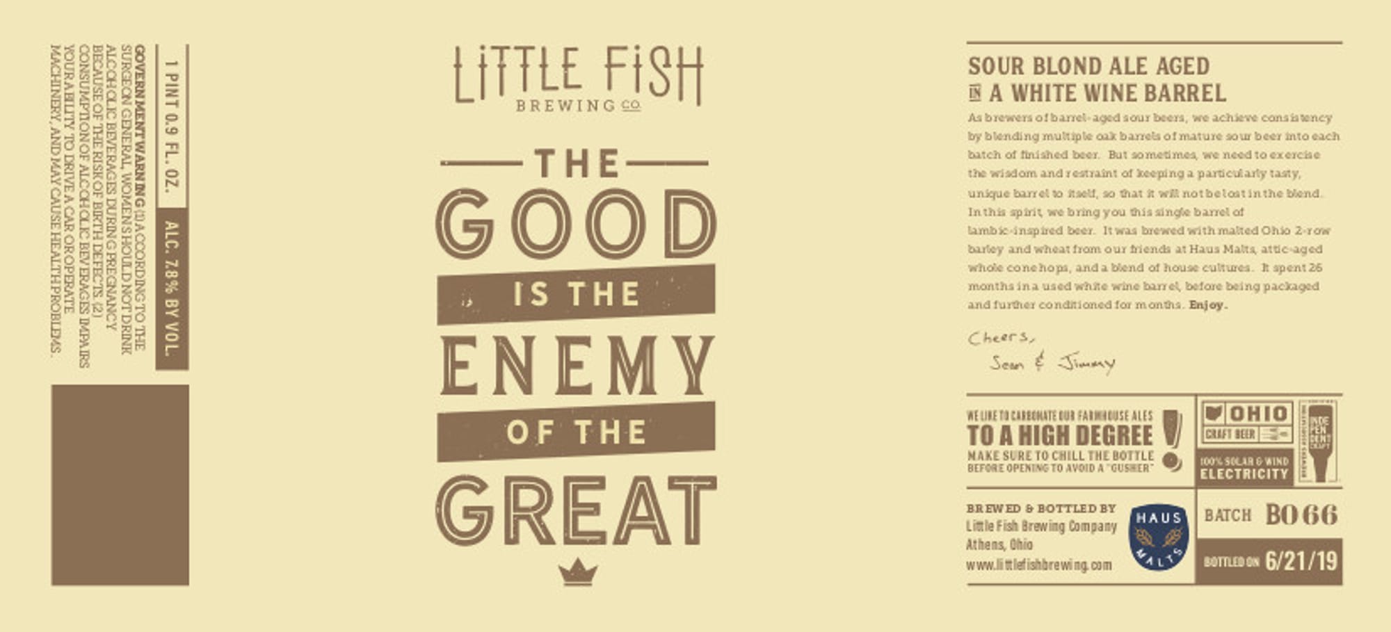 The Good is the Enemy of the Great by Little Fish Brewing Co. - beer label