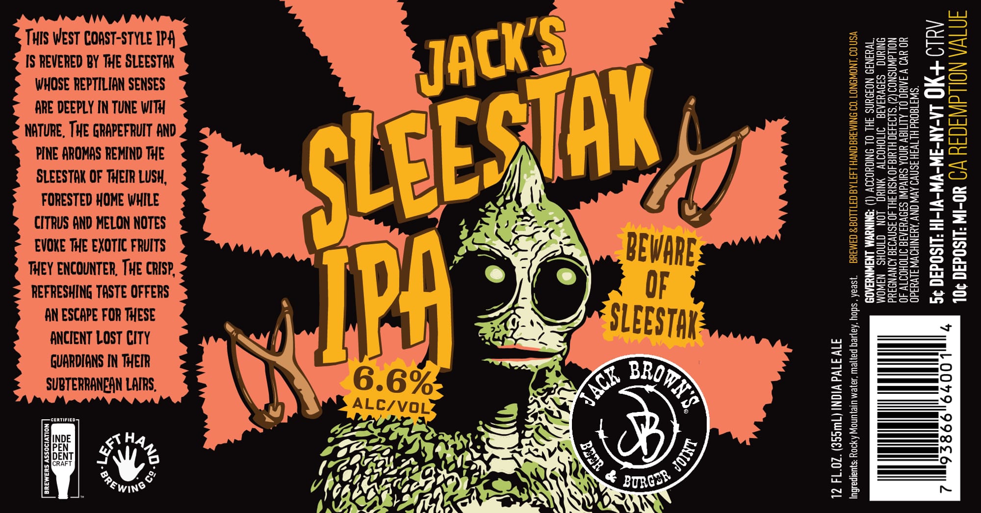 Jack’s Sleestak IPA by Left Hand Brewing Co. - beer label