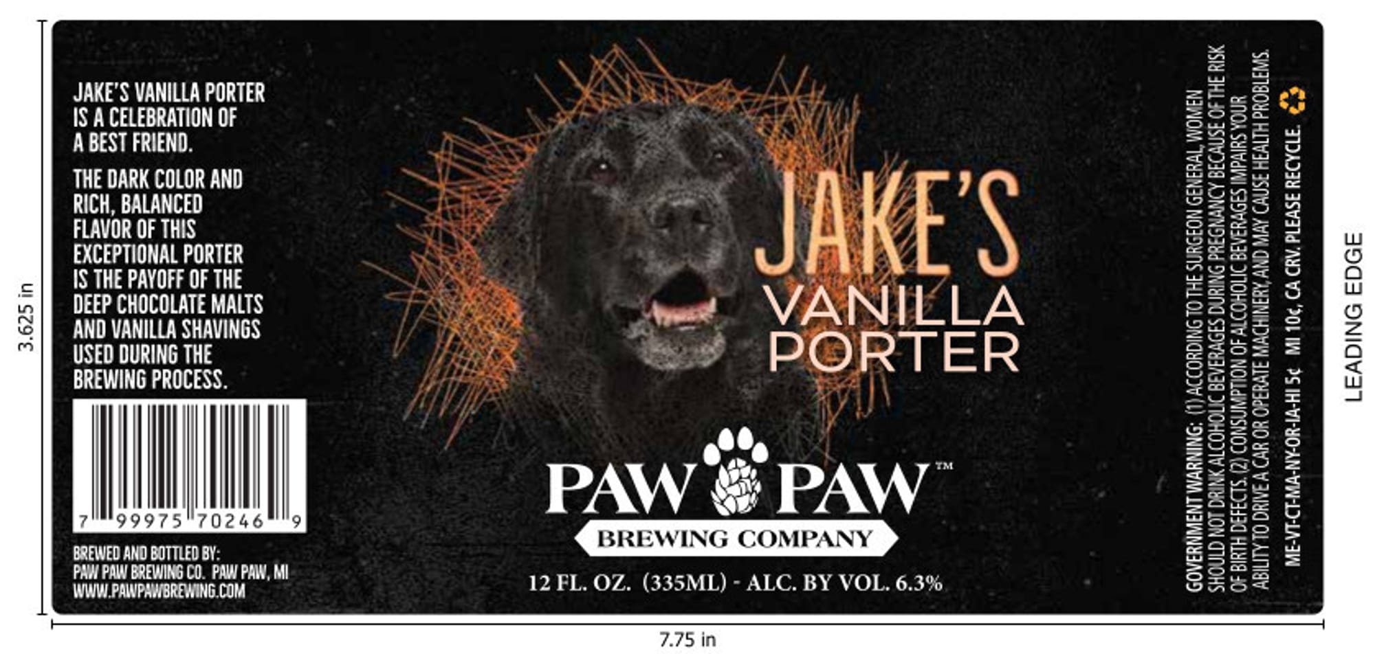 Jake’s Vanilla Porter by Paw Paw Brewing Company - beer label