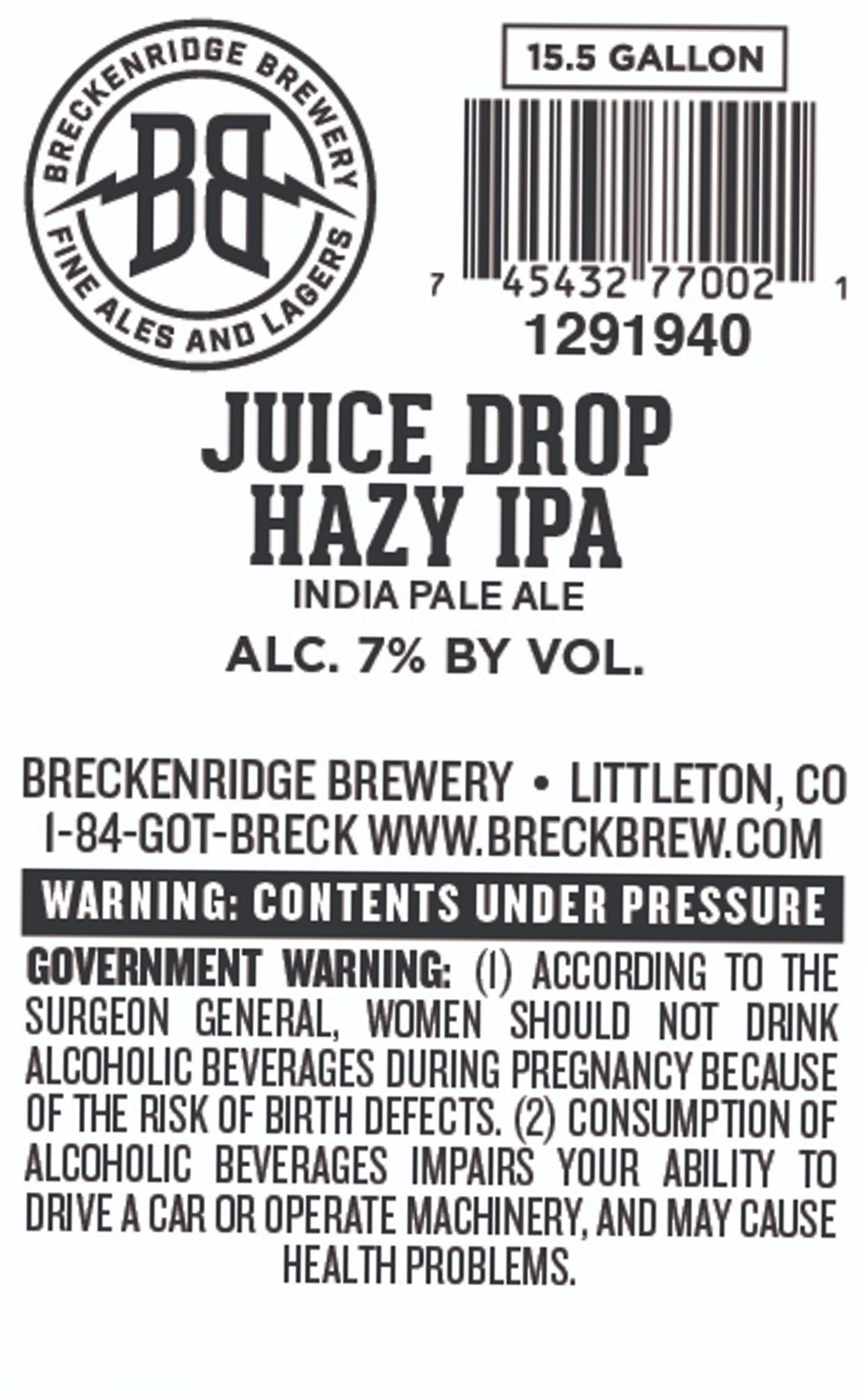 Juice Drop by Breckenridge Brewery - beer label