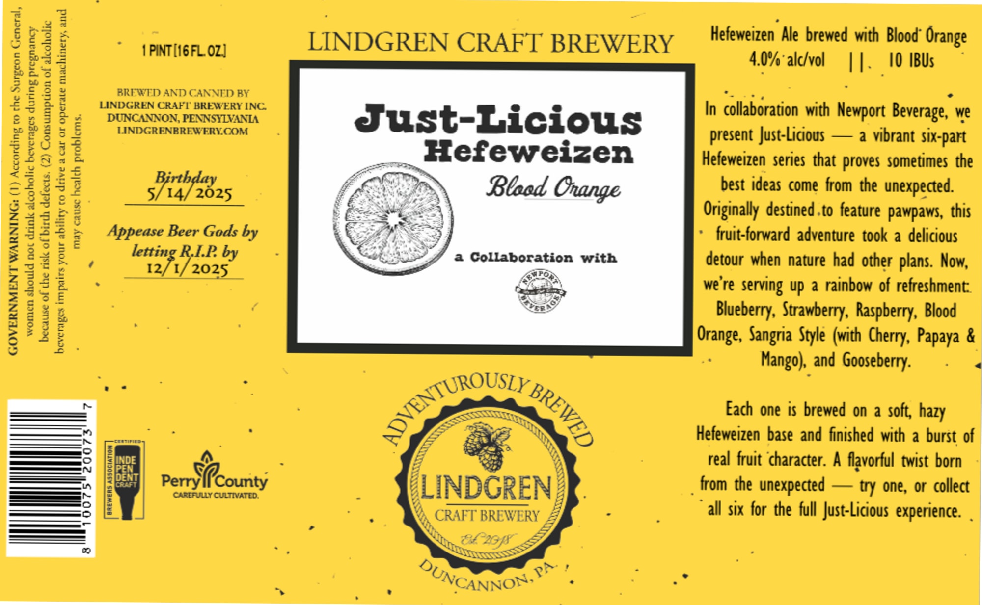 Just-Licious Hefeweizen Blood Orange by Lindgren Craft Brewery - beer label