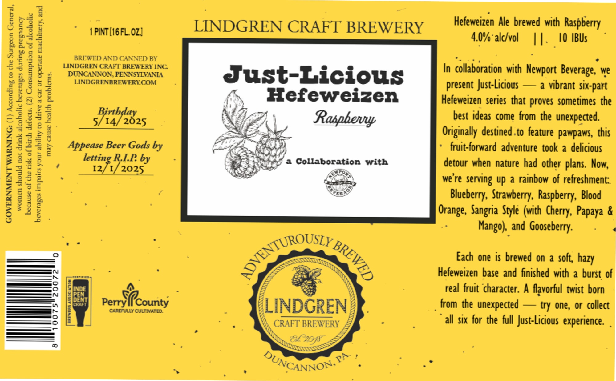 Just-Licious Hefeweizen Raspberry by Lindgren Brewery - beer label