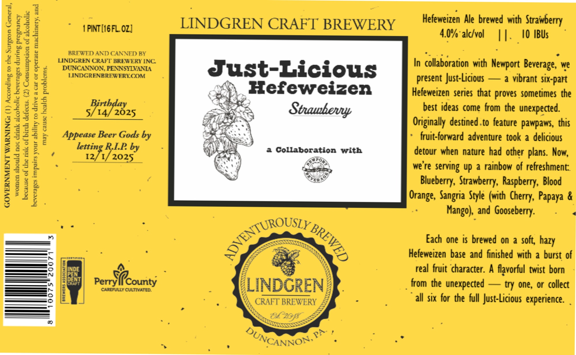 Just-Licious Hefeweizen Strawberry by Lindgren Craft Brewery - beer label