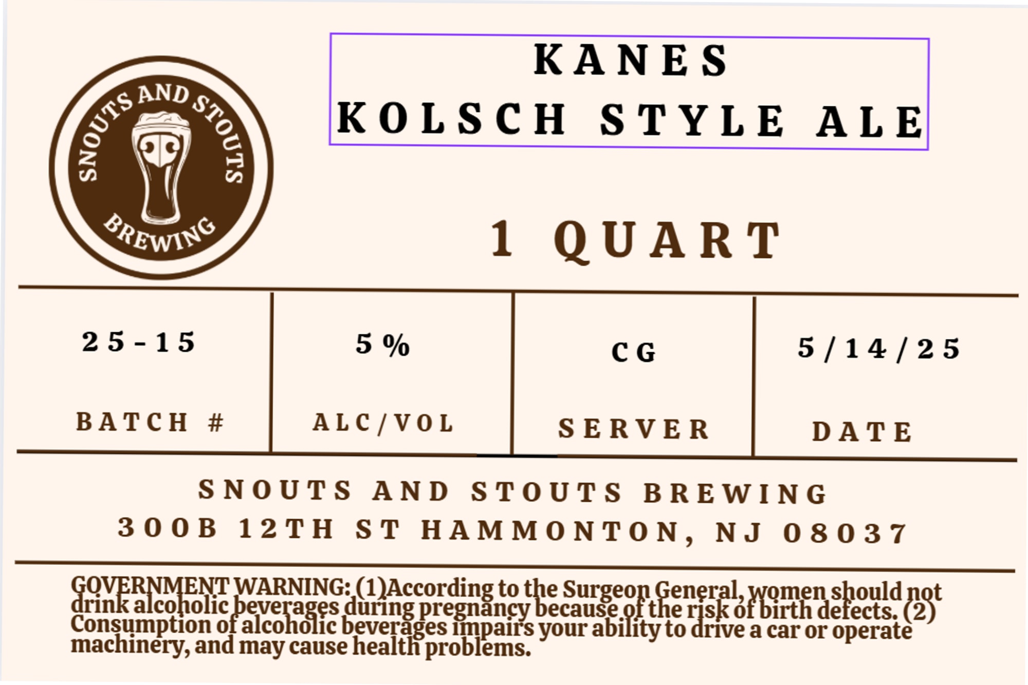 Kanes Kolsch Style Ale by Snouts and Stouts Brewing - beer label