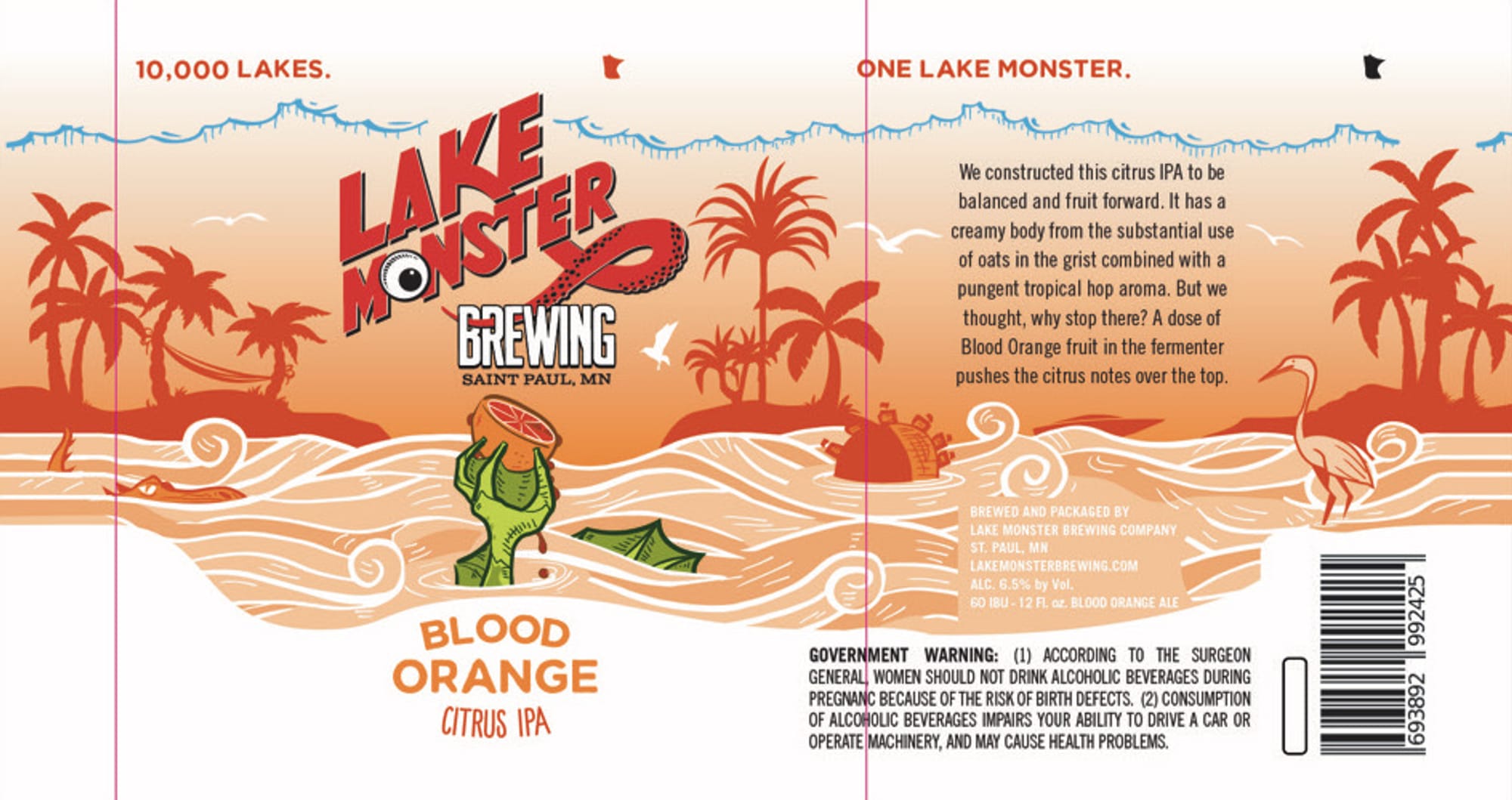 Blood Orange Citrus IPA by Lake Monster Brewing - beer label