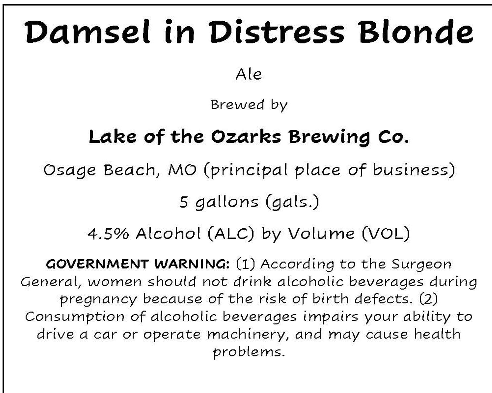Damsel in Distress Blonde by Lake of the Ozarks Brewing Co. - beer label