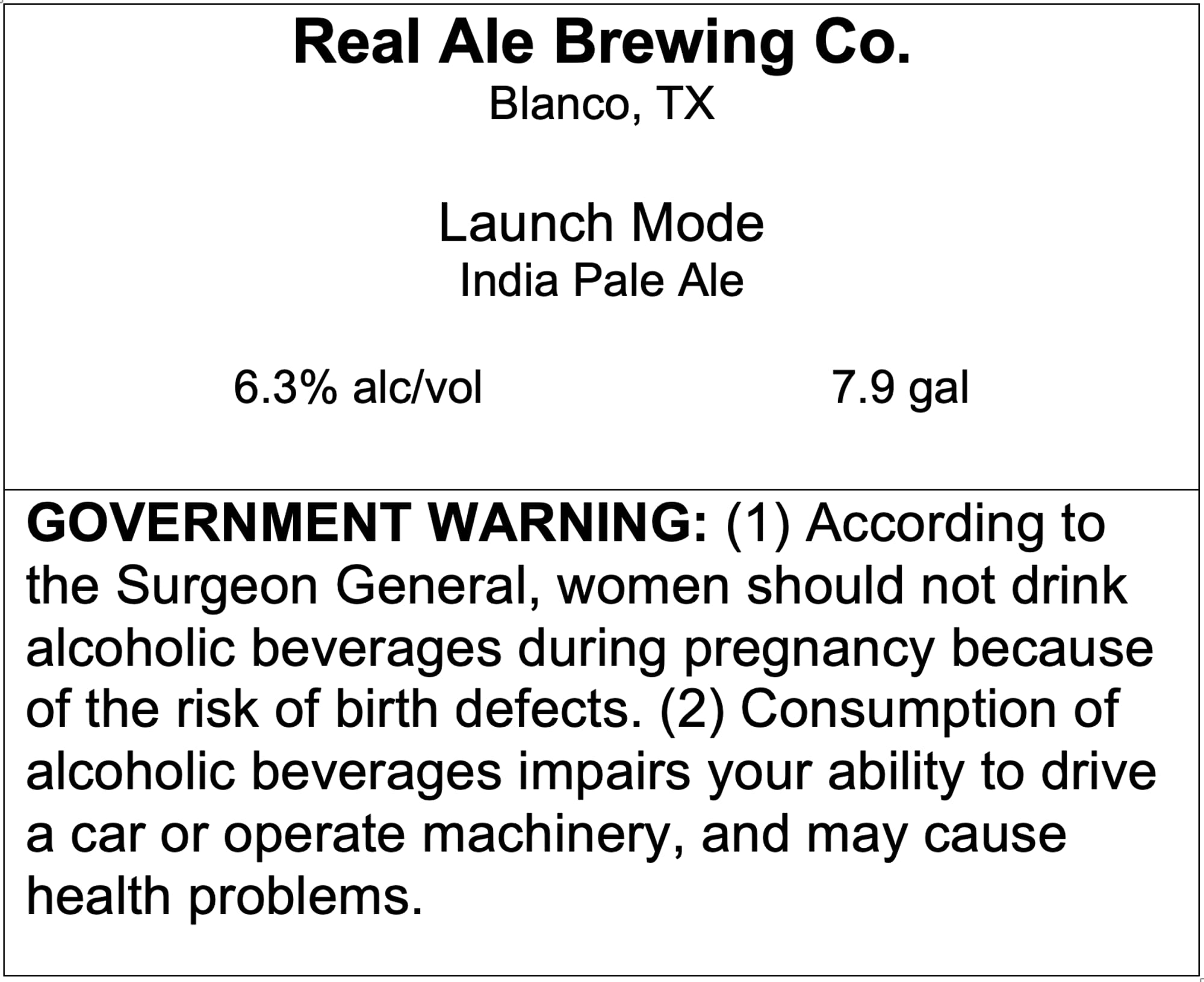 Launch Mode by Real Ale Brewing Co. - beer label