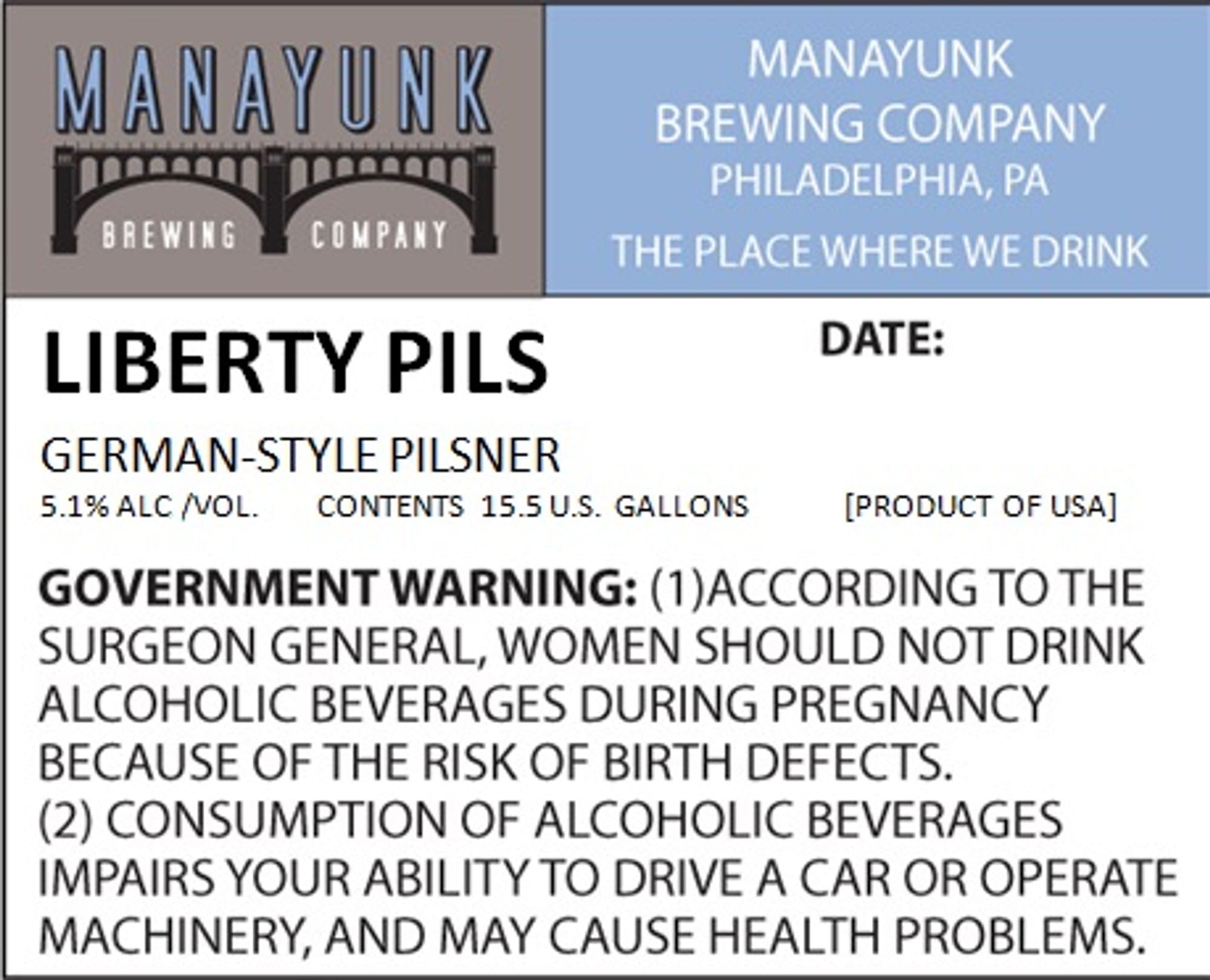 Liberty Pils by Manayunk Brewing Company - beer label
