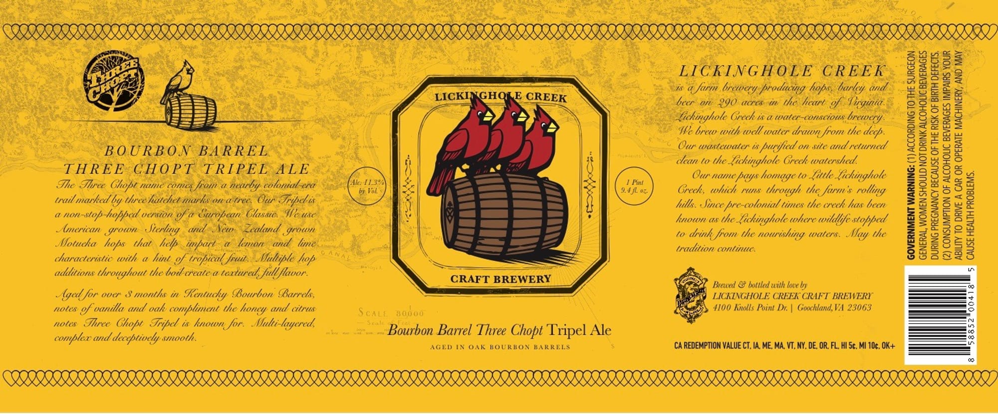 Bourbon Barrel Three Chopt Tripel Ale by Lickinghole Creek Craft Brewery - beer label
