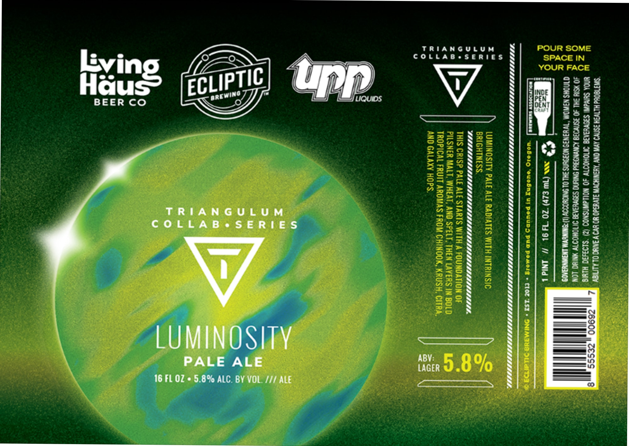 Luminosity Pale Ale by Living Häus Co & Ecliptic Brewing - beer label