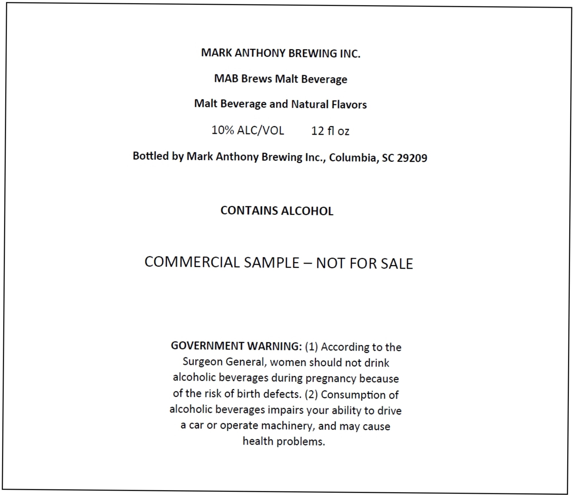 MAB Brews Malt Beverage by Mark Anthony Brewing Inc. - beer label