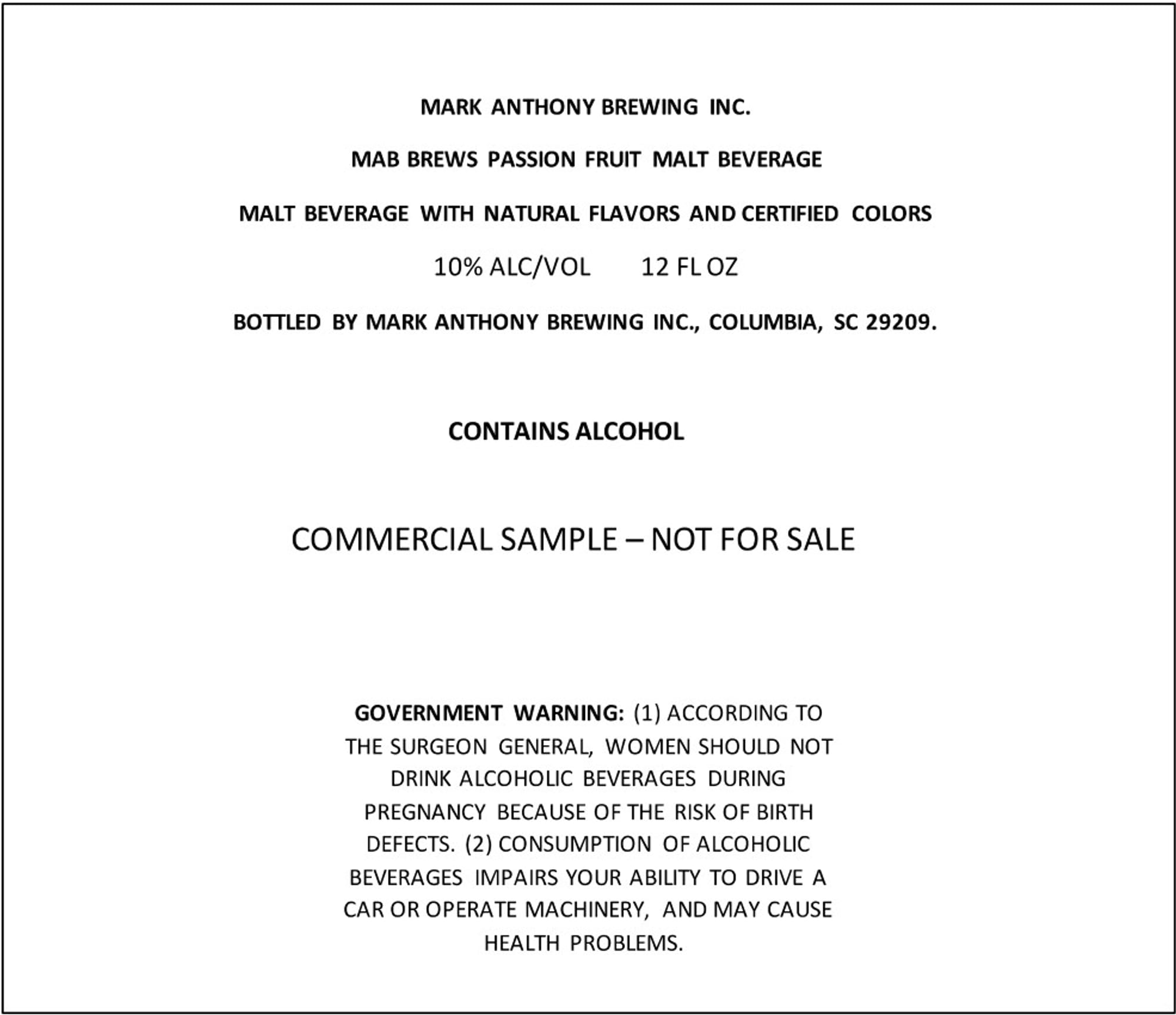 MAB Brews Passion Fruit Malt Beverage by Mark Anthony Brewing Inc. - beer label