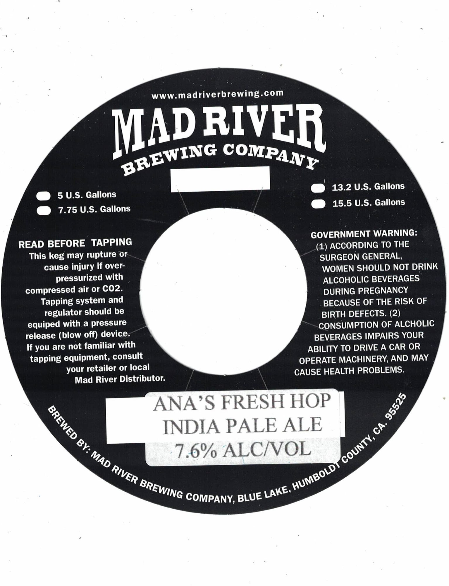 Ana's Fresh Hop India Pale Ale by Mad River Brewing - beer label