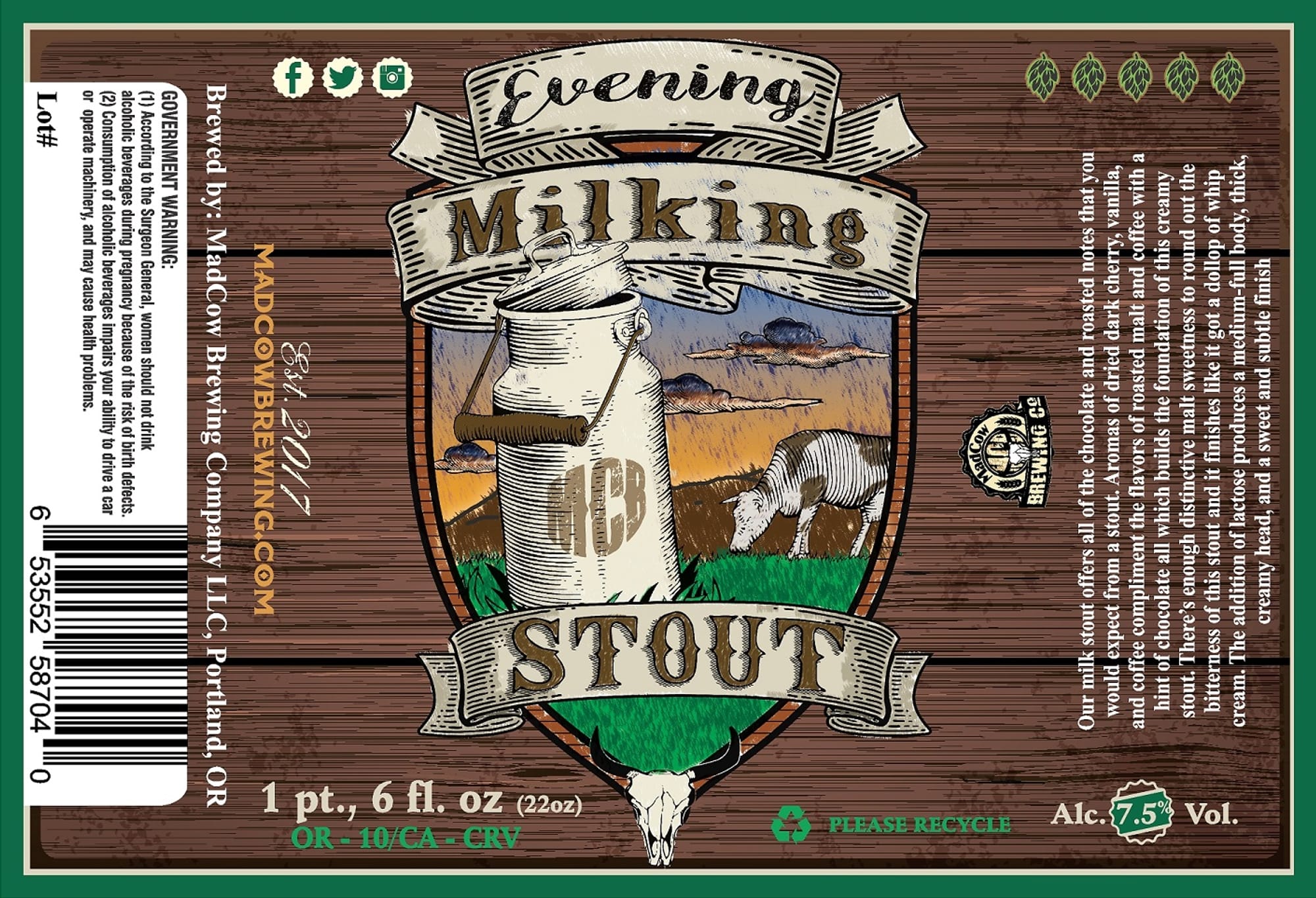 Evening Milk Stout by MadCow Brewing - beer label