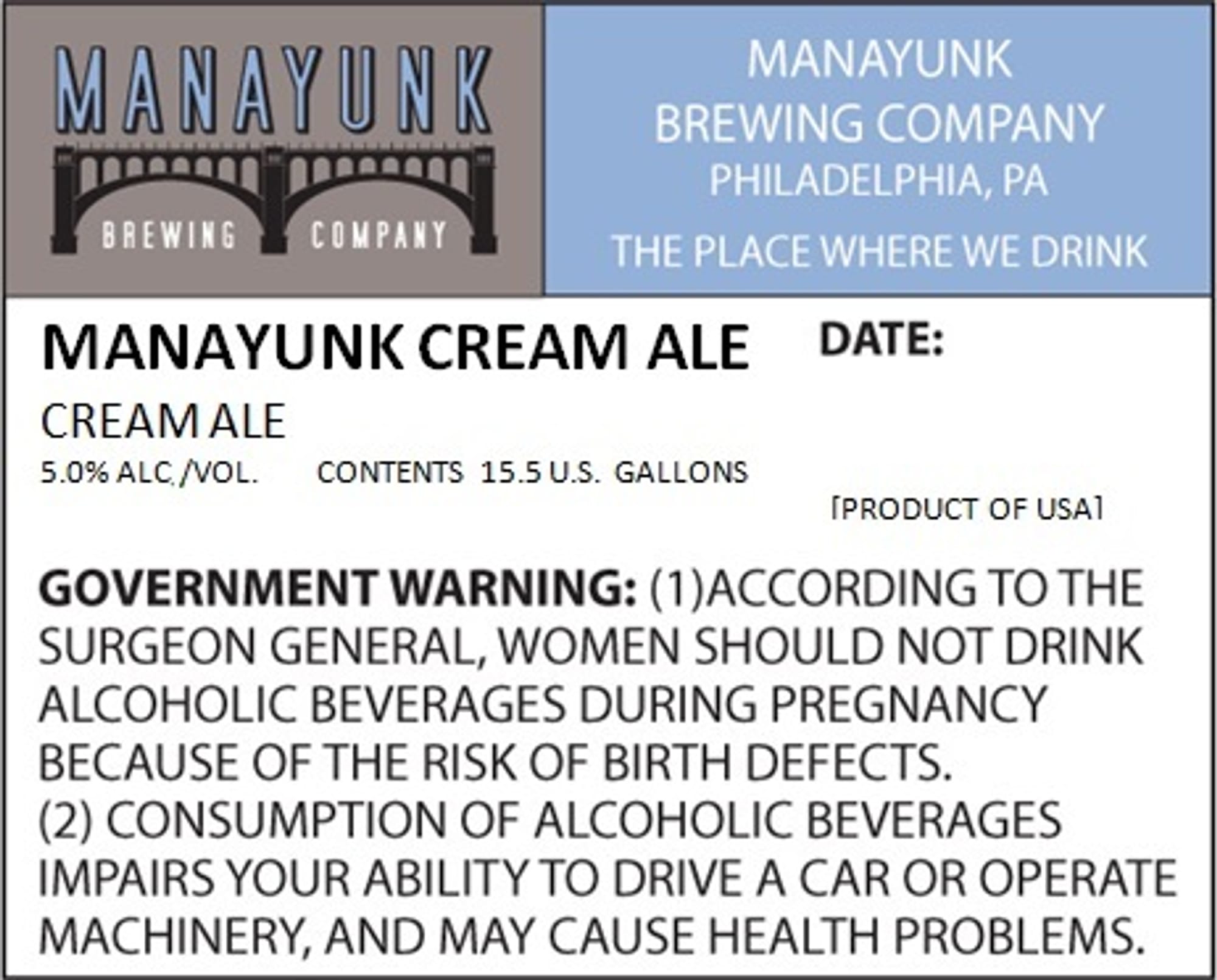 Cream Ale by Manayunk Brewing Company - beer label
