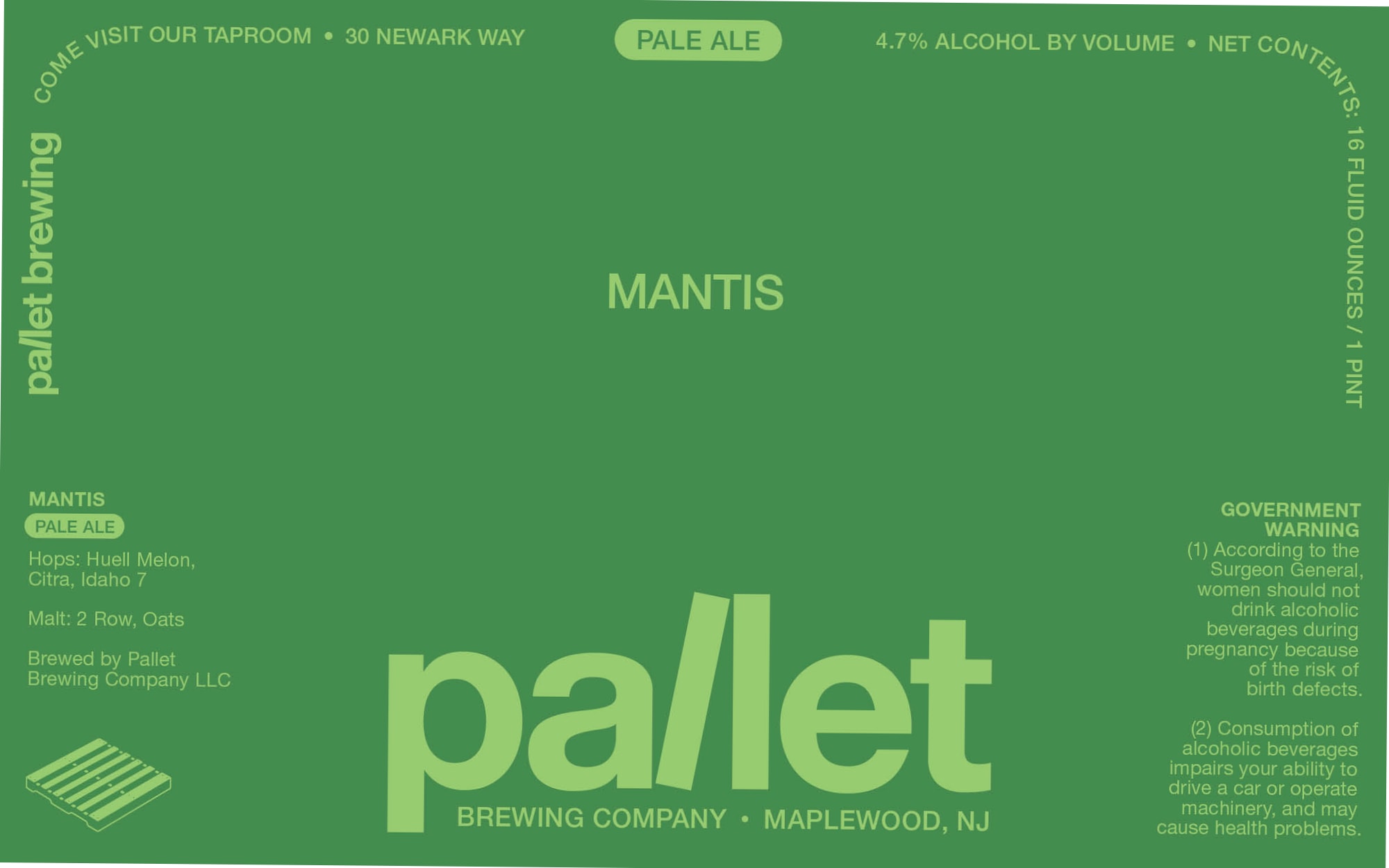 Mantis Pale Ale by Pallet Brewing Company - beer label