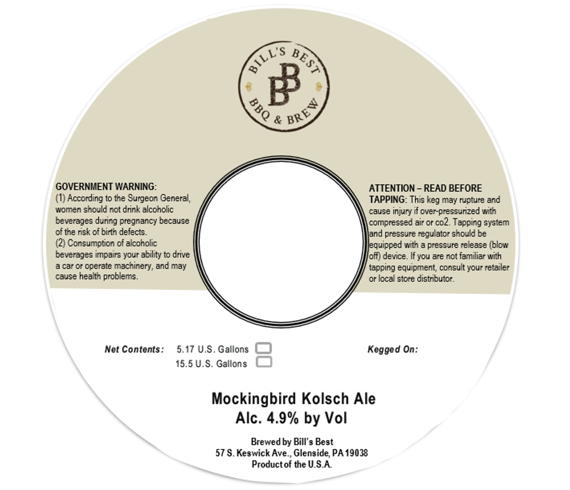 Mockingbird Kolsch Ale by Bill's Best BBQ & Brew - beer label