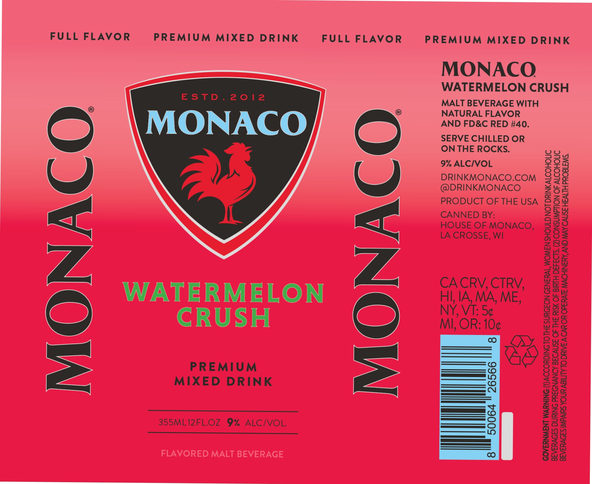 Monaco Watermelon Crush by House of Monaco - beer label