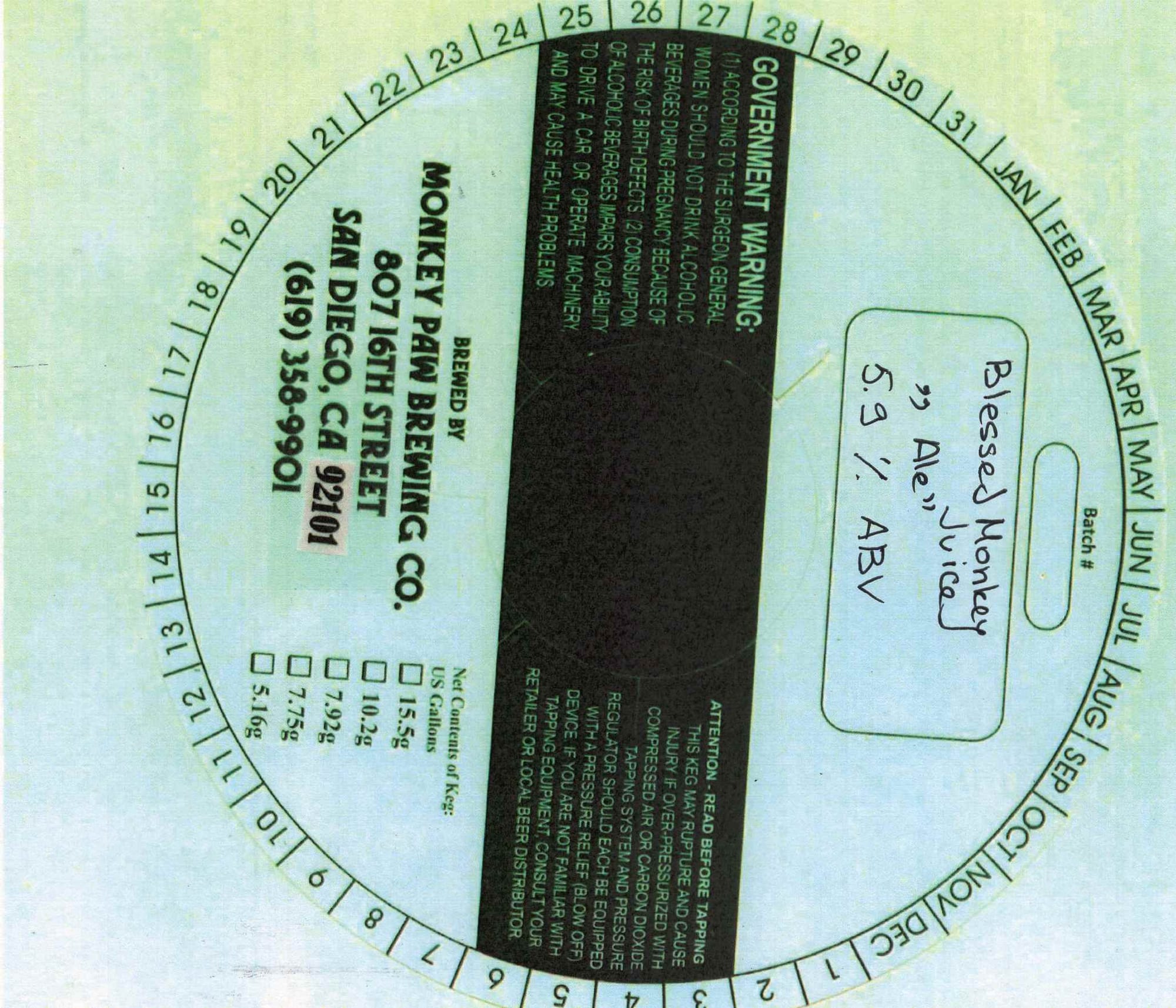 Blessed Monkey by Monkey Paw Brewing Co. - beer label