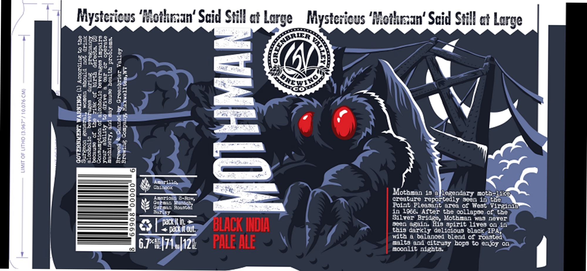Mothman Black India Pale Ale by Greenbrier Valley Brewing Company - beer label