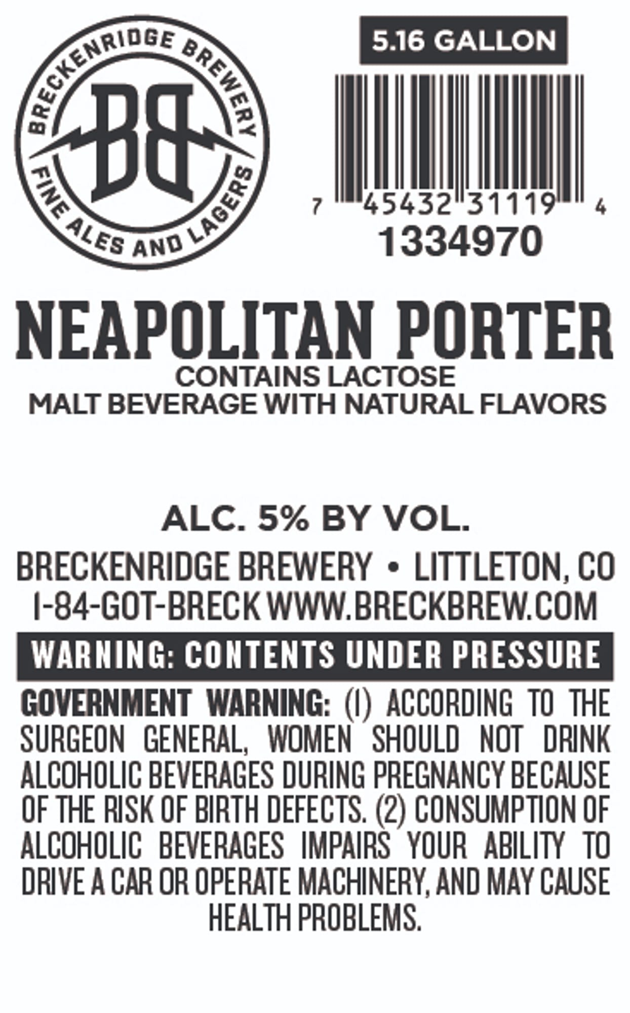 Neapolitan Lactose Porter by Breckenridge Brewery - beer label