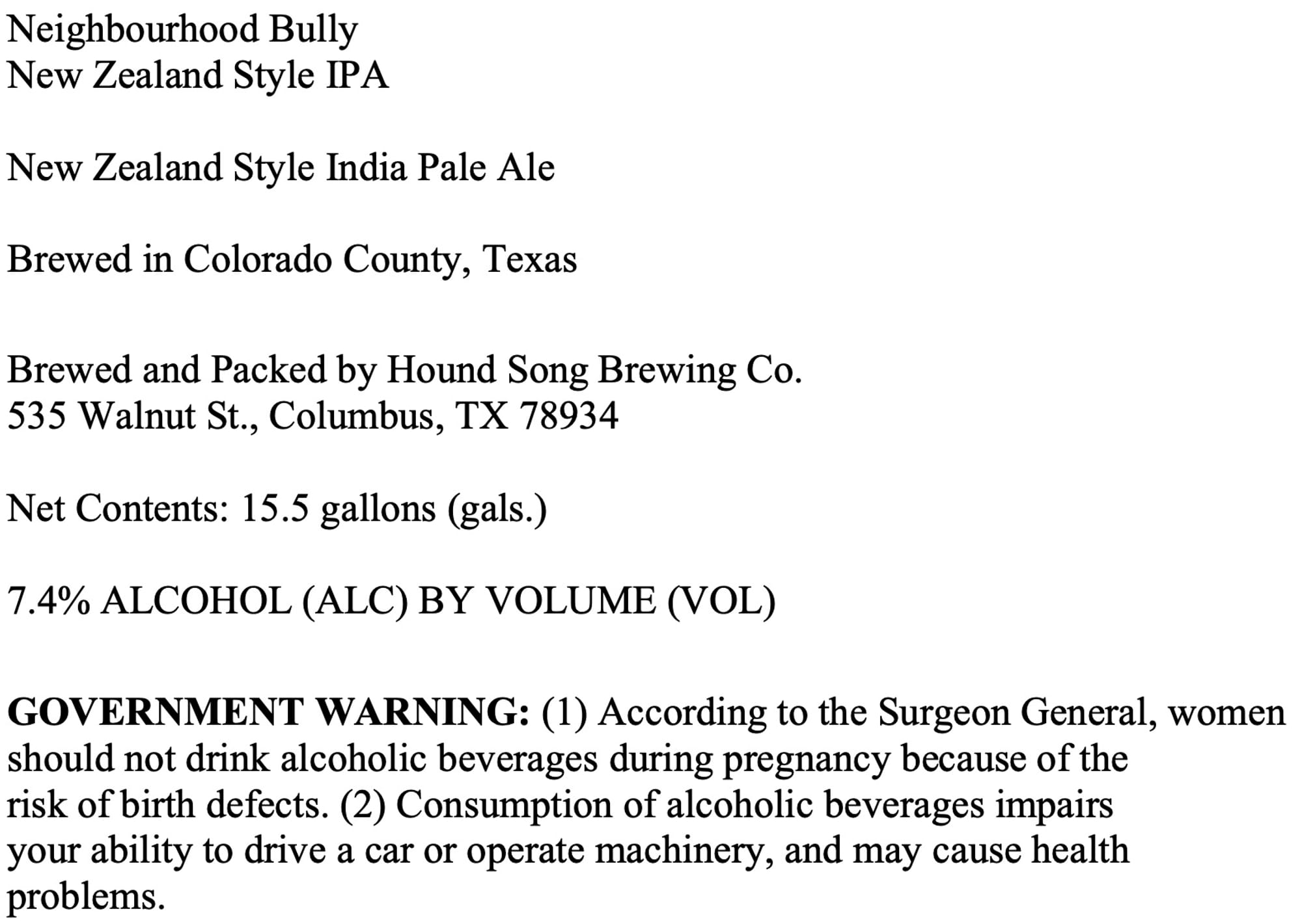 Neighbourhood Bully by Hound Song Brewing Co. - beer label