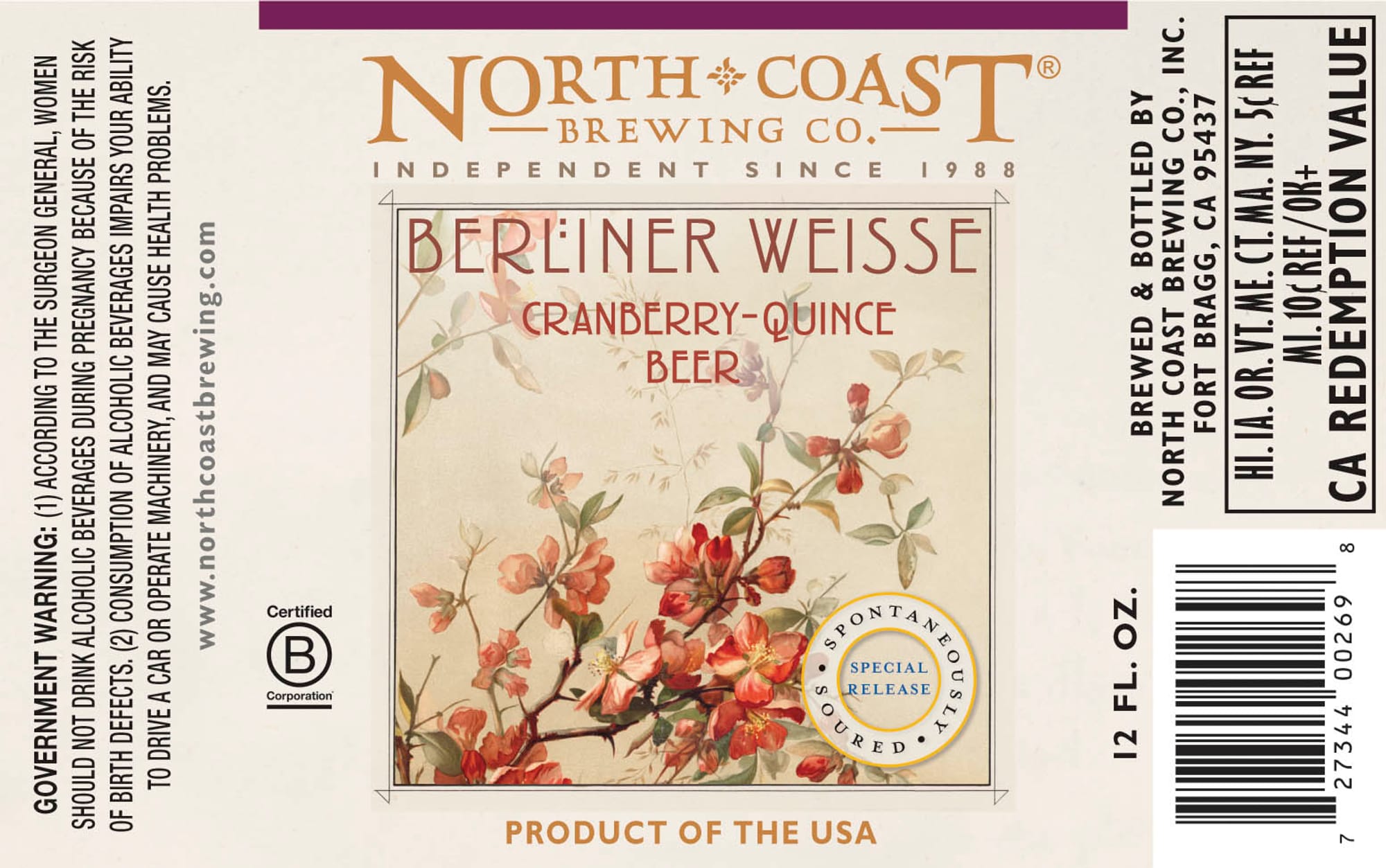 Berliner Weisse Cranberry-Quince Beer by North Coast Brewing Co. - beer label
