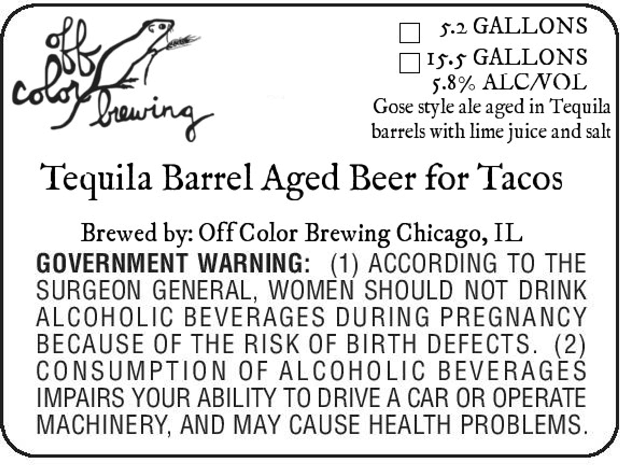 Tequila Barrel Aged Beer for Tacos by Off Color Brewing - beer label