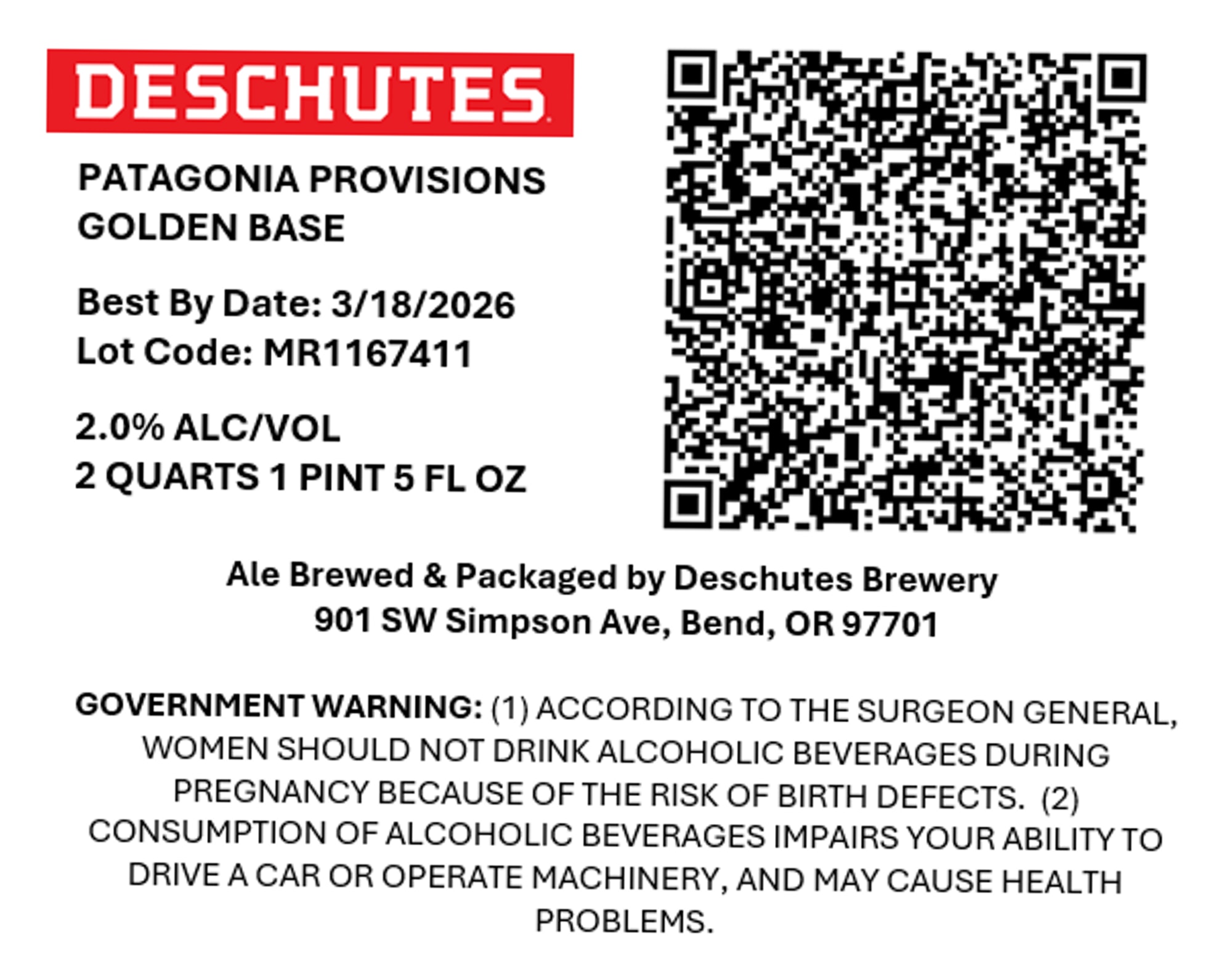 Patagonia Provisions Golden Base by Deschutes Brewery - beer label