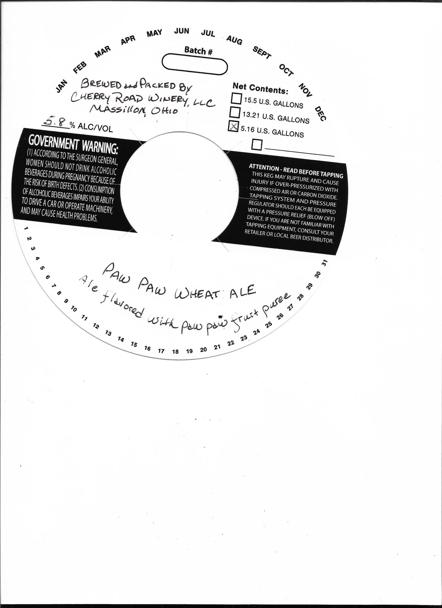 Paw Paw Wheat Ale by Cherry Road Winery, LLC - beer label