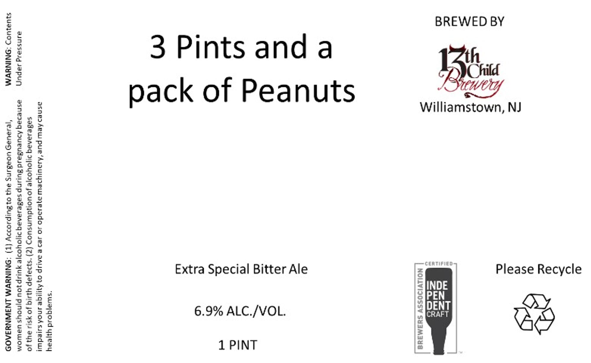 3 Pints and a Pack of Peanuts by 13th Child Brewery - beer label