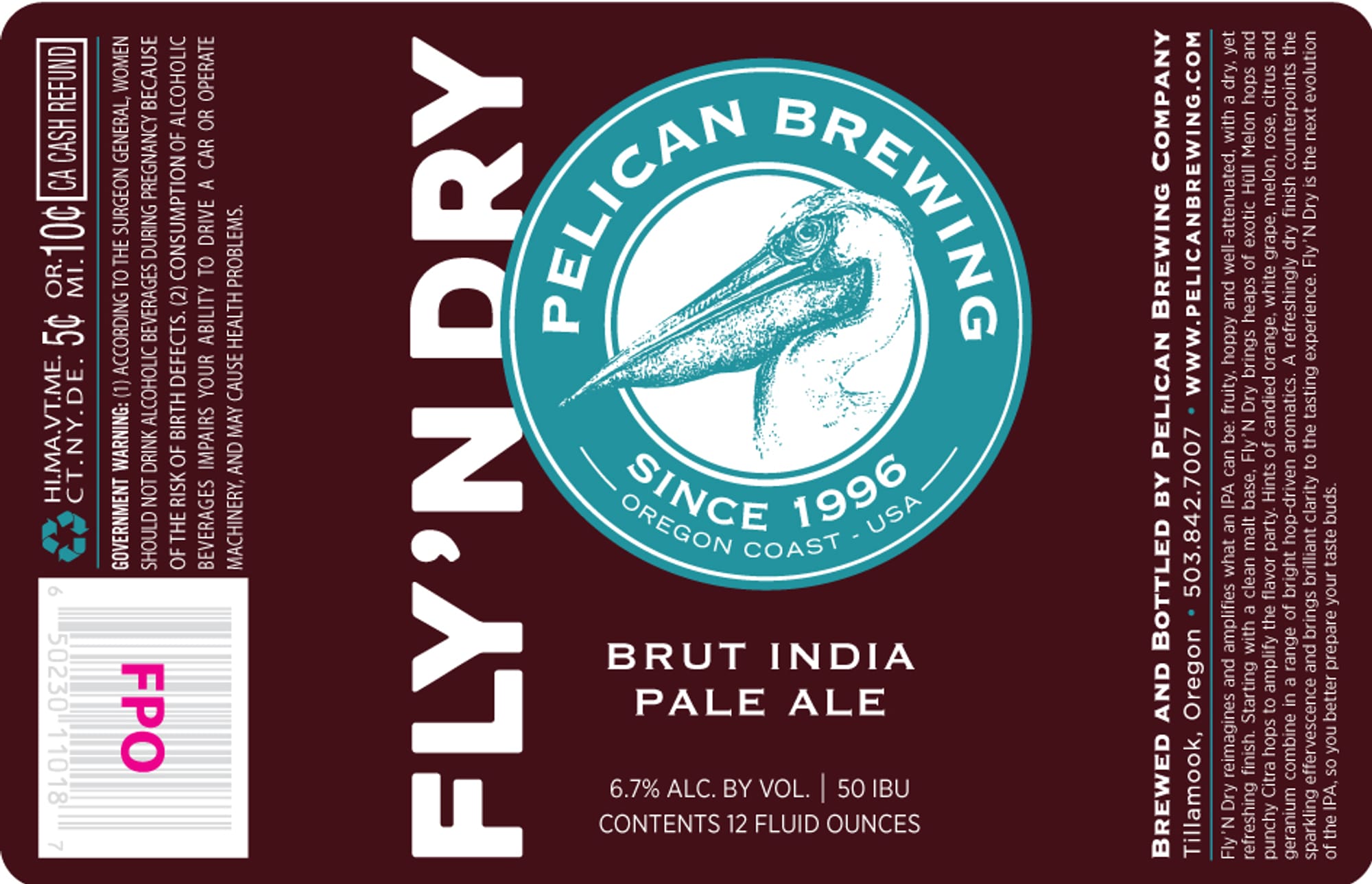 Fly ‘N Dry by Pelican Brewing Company - beer label