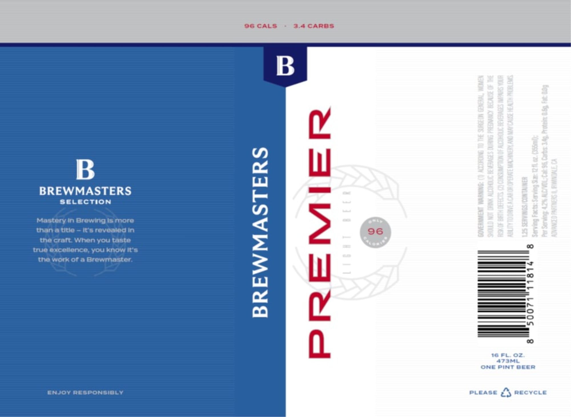 Premier Light Beer by Brewmasters - beer label