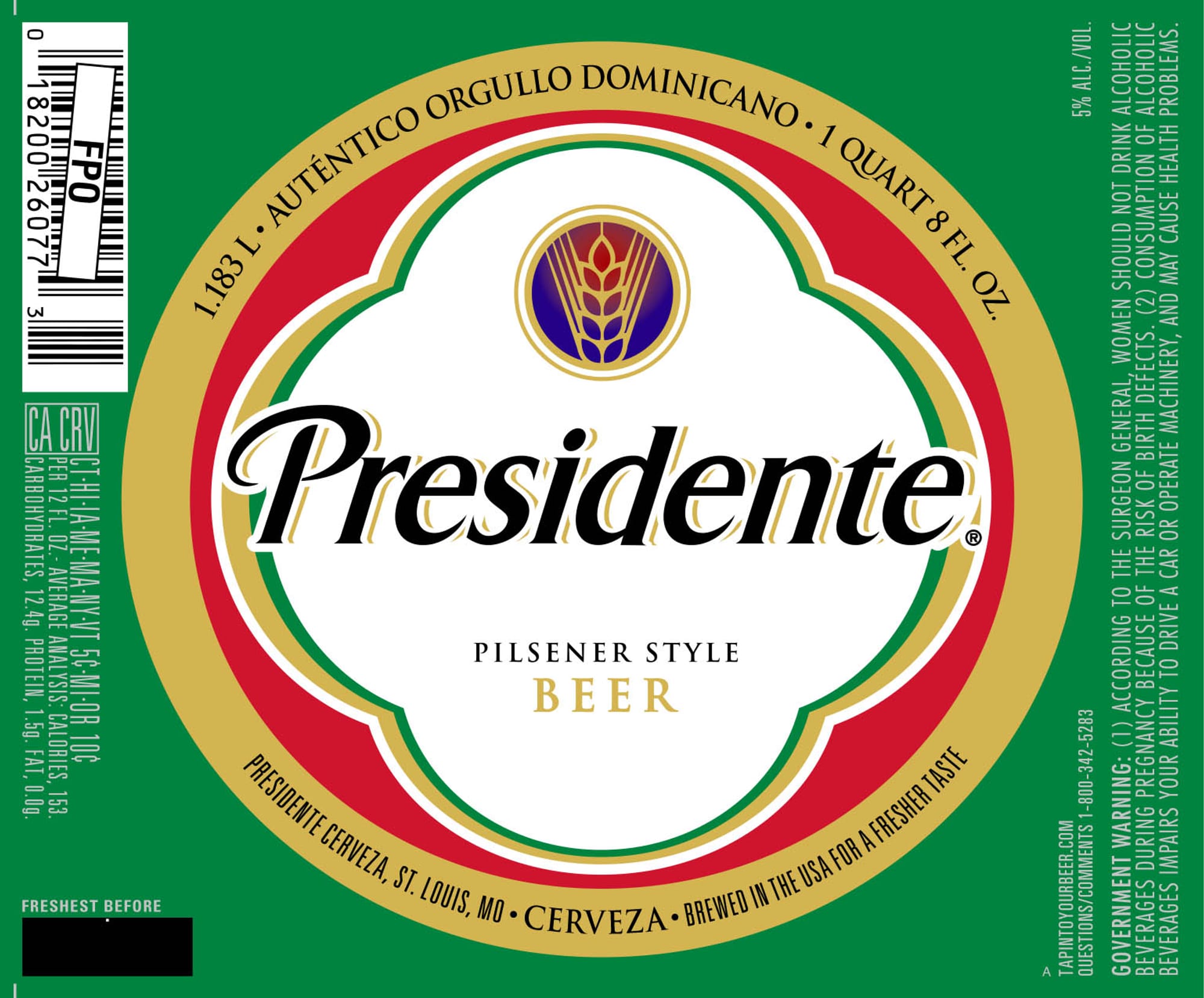 Presidente Pilsner Beer by Presidente Cerveza - beer label