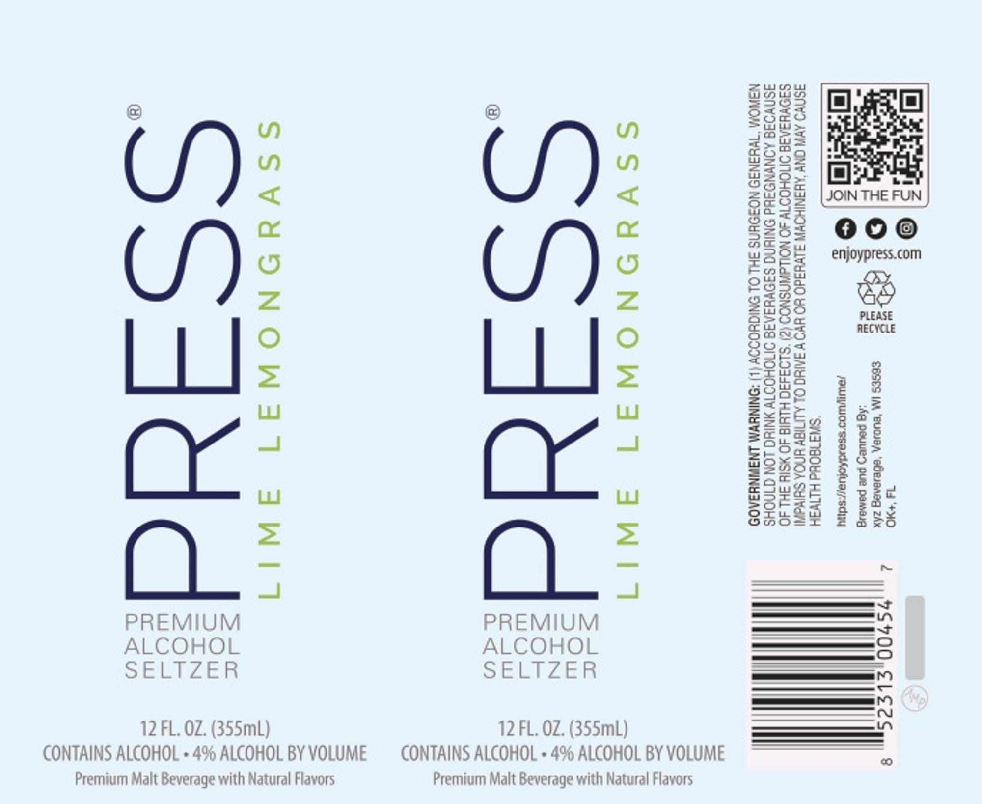Press Premium Alcohol Seltzer Lime by XYZ Beverage - beer label
