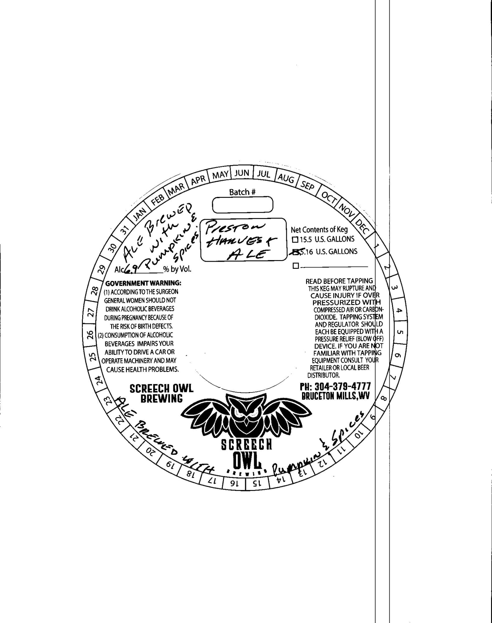 Preston's Harvest Ale by Screech Owl Brewing - beer label