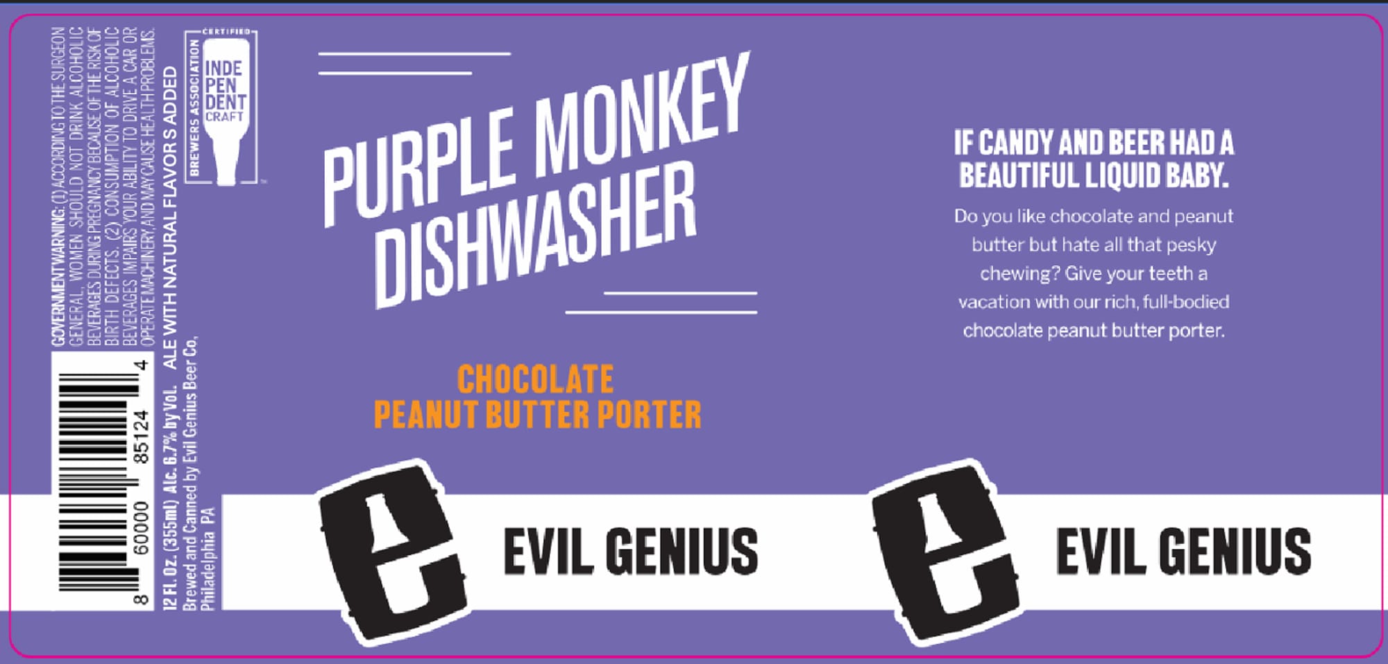 Purple Monkey Dishwasher by Evil Genius Beer Co. - beer label