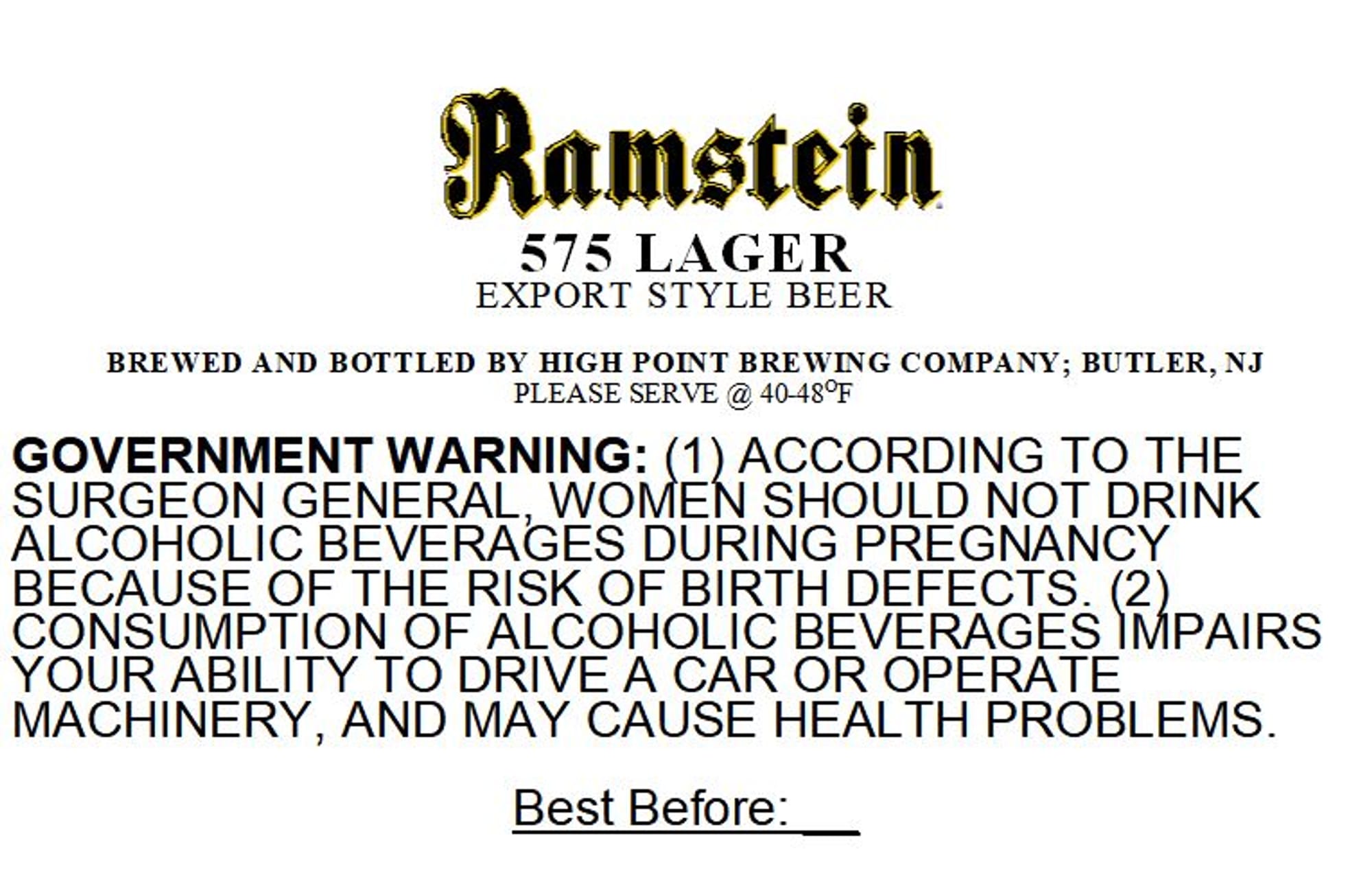 Ramstein 575 Lager by High Point Brewing Company - beer label