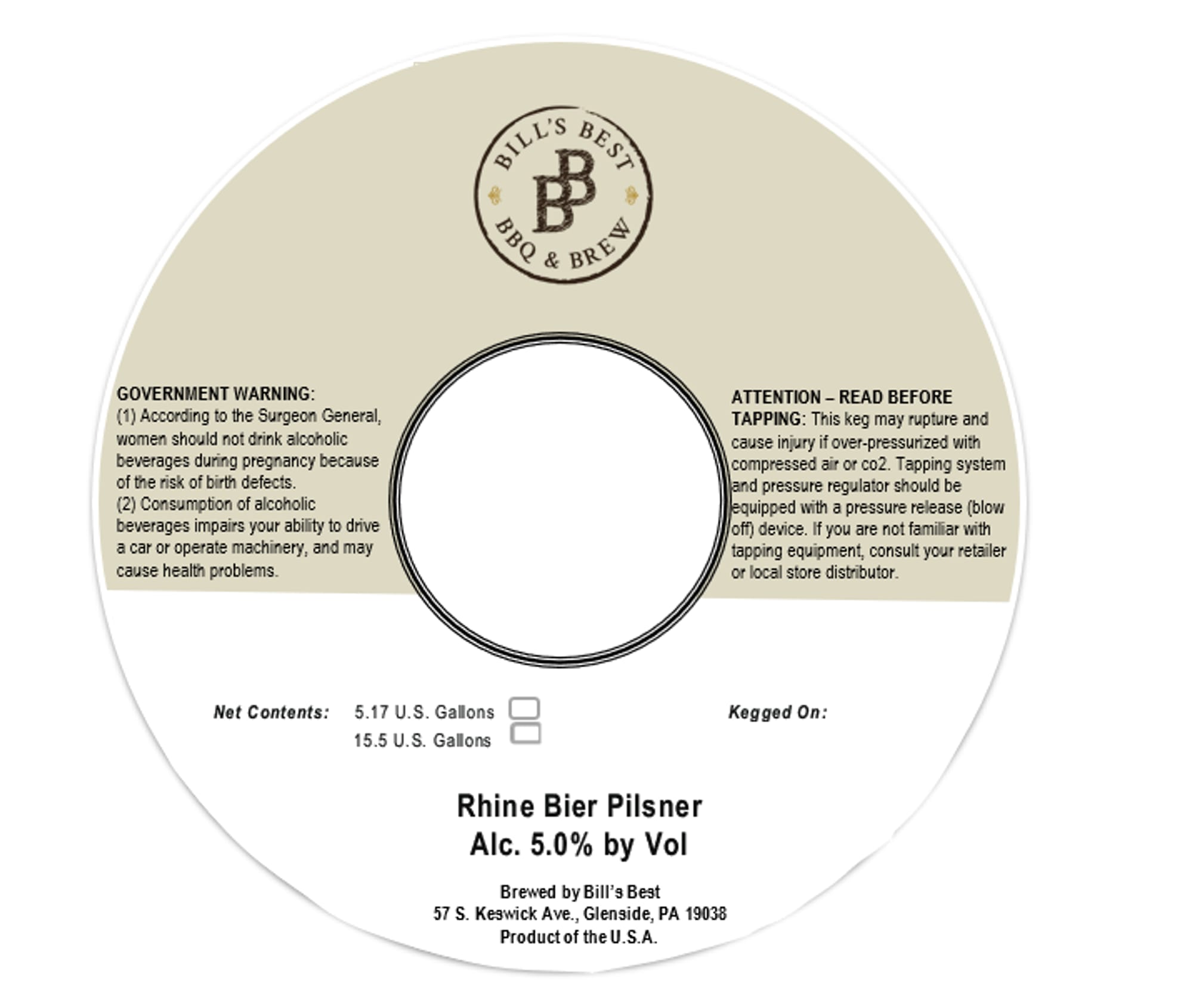 Rhine Bier Pilsner by Bill's Best BBQ & Brew - beer label