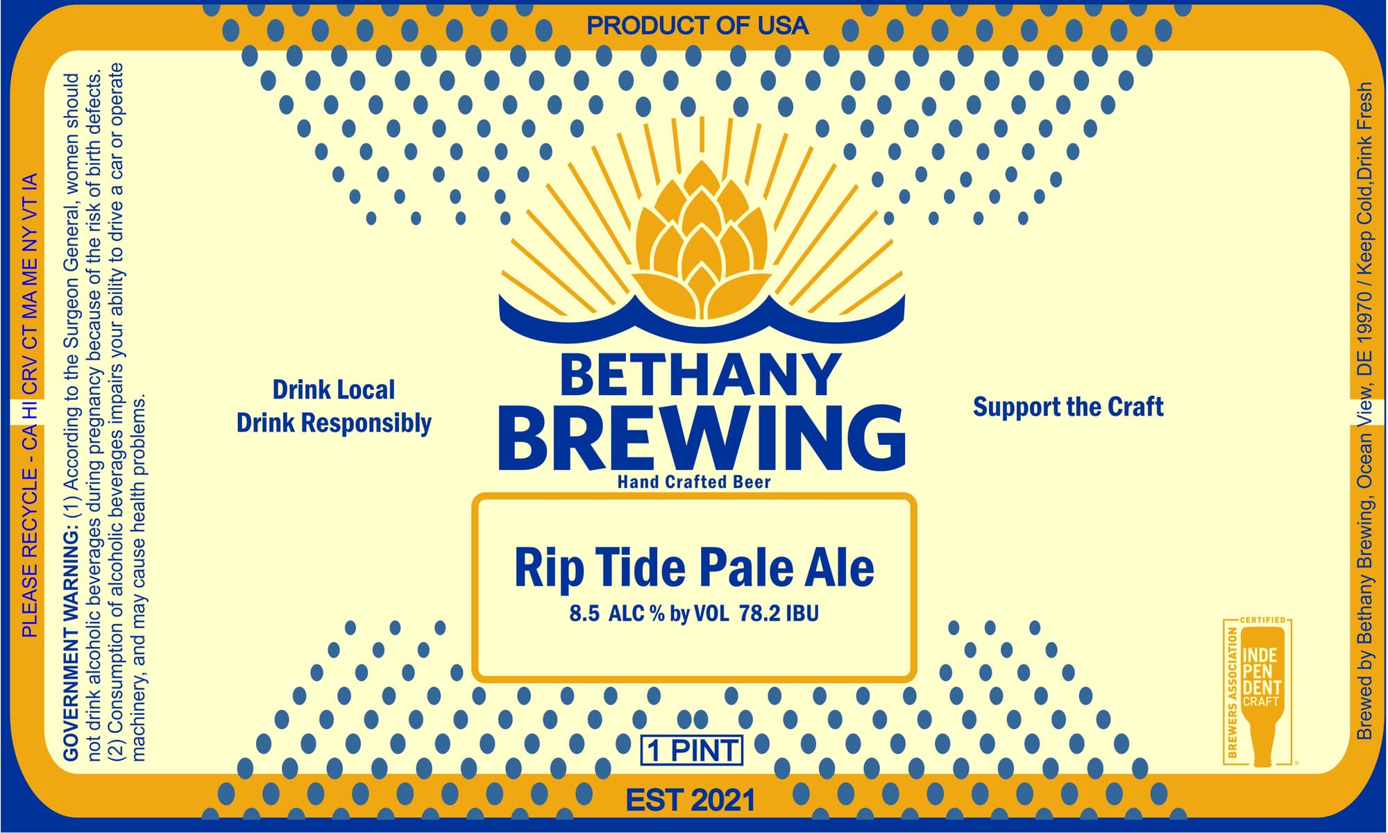 Rip Tide Pale Ale by Bethany Brewing - beer label