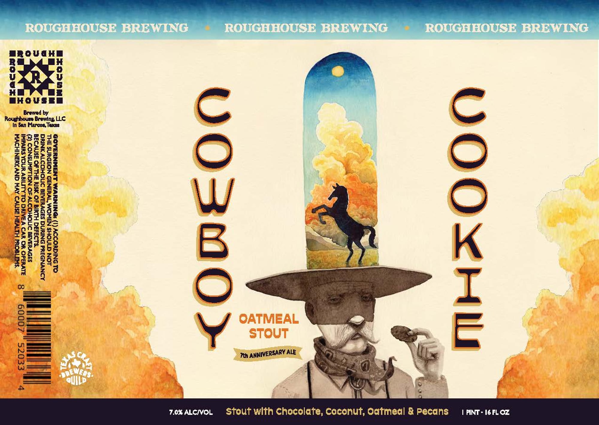 Cowboy Cookie Oatmeal Stout by Roughhouse Brewing - beer label